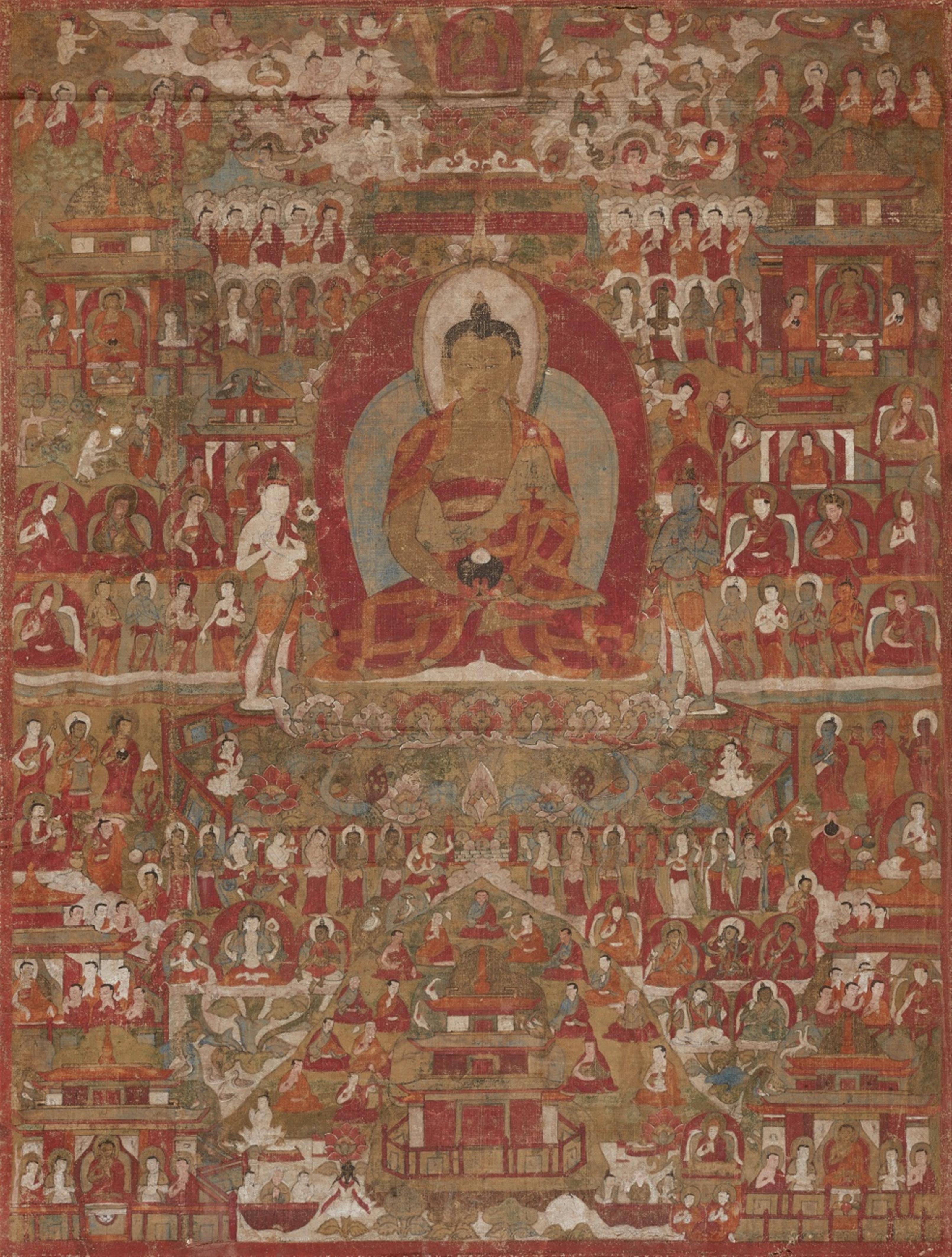 Thangka des Amitabha in seinem Westlichen Paradies Sukhavati. Tibet 15. Jh. oder später - image-1
