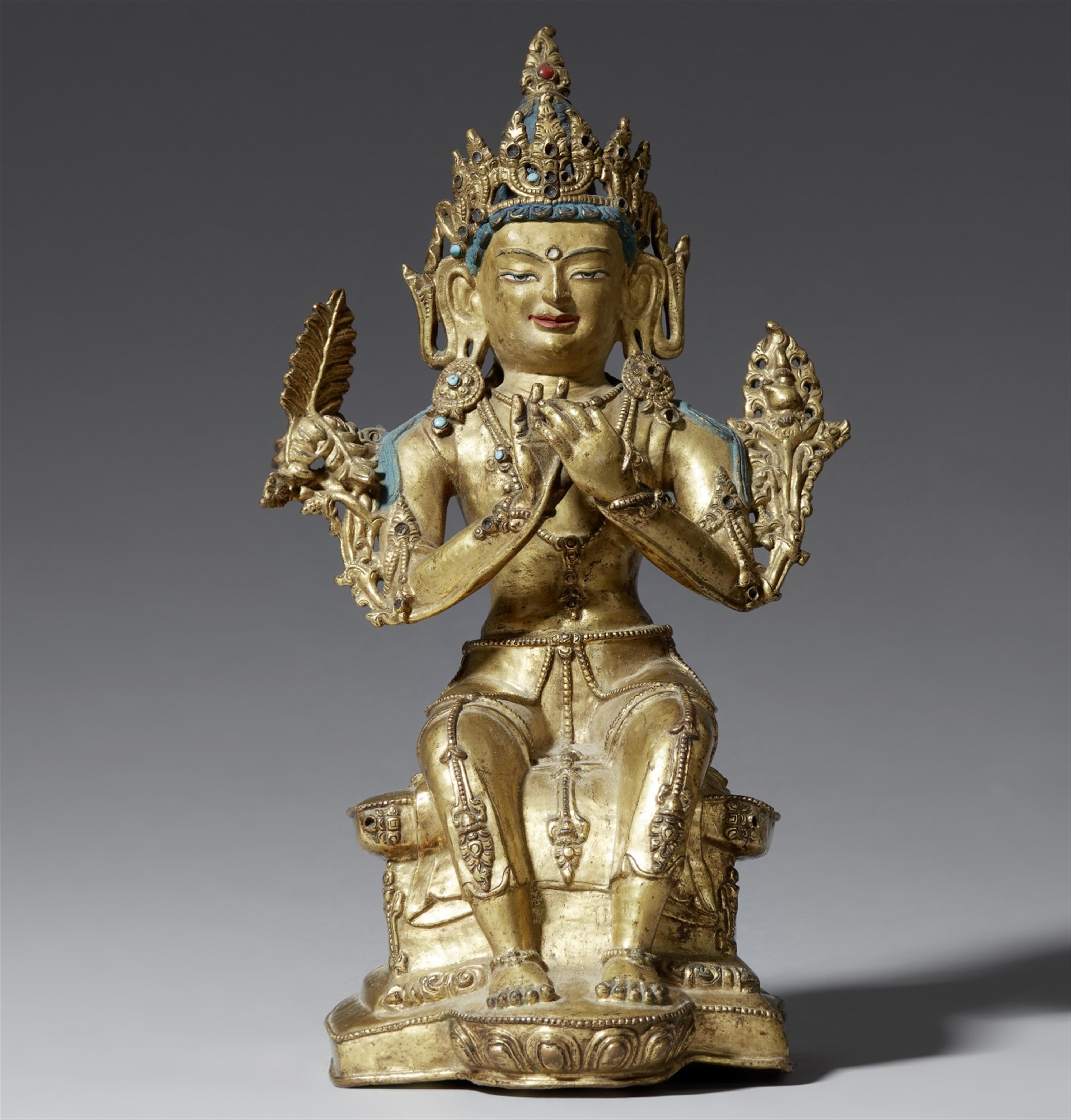 An exquisite Tibetan gilt bronze figure of Maitreya. 17th/18th century - image-1