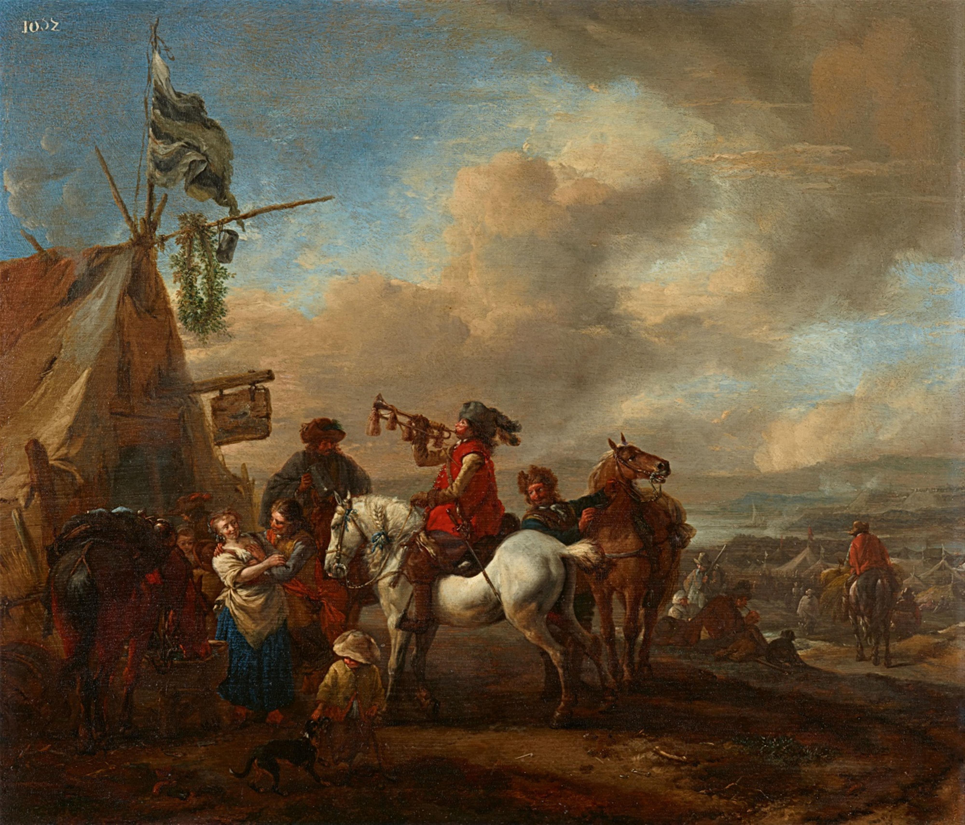 Philips Wouwerman - Cavalry at a sutler´s tent, with a trompeter - image-1