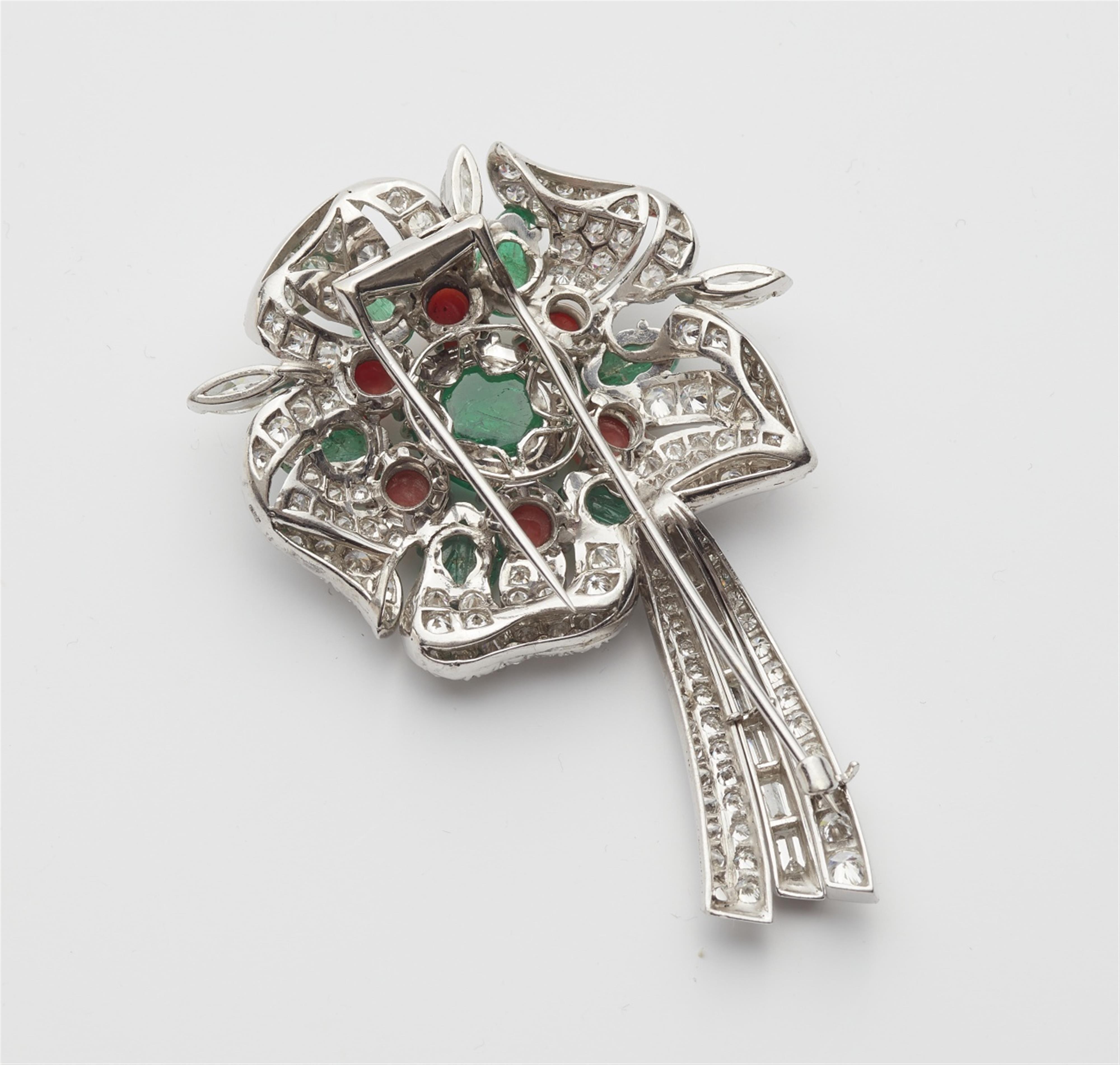 A retro style platinum emerald diamond coral clip brooch - image-2