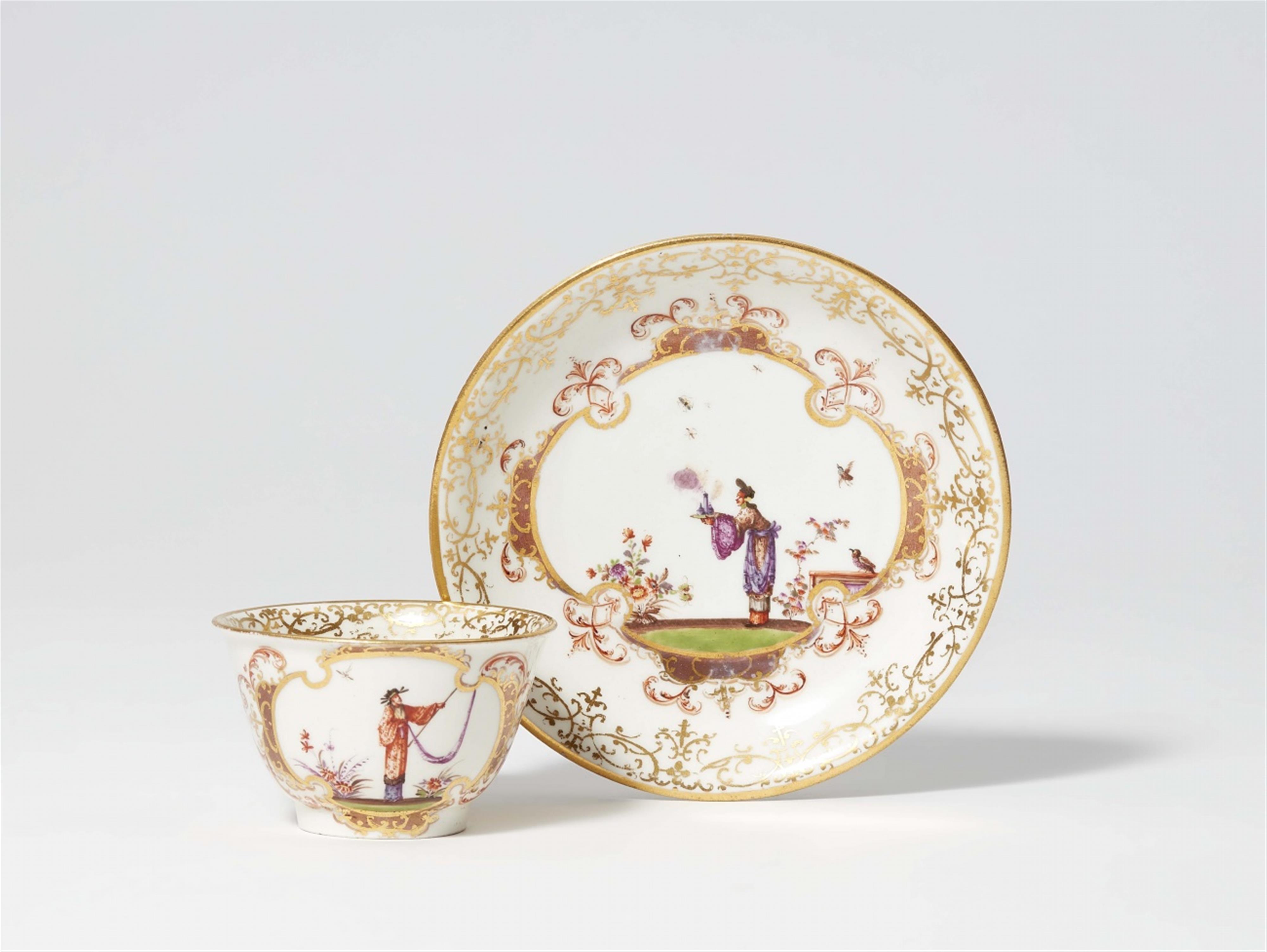 A Meissen porcelain tea bowl and saucer with early Hoeroldt Chinoiseries - image-1