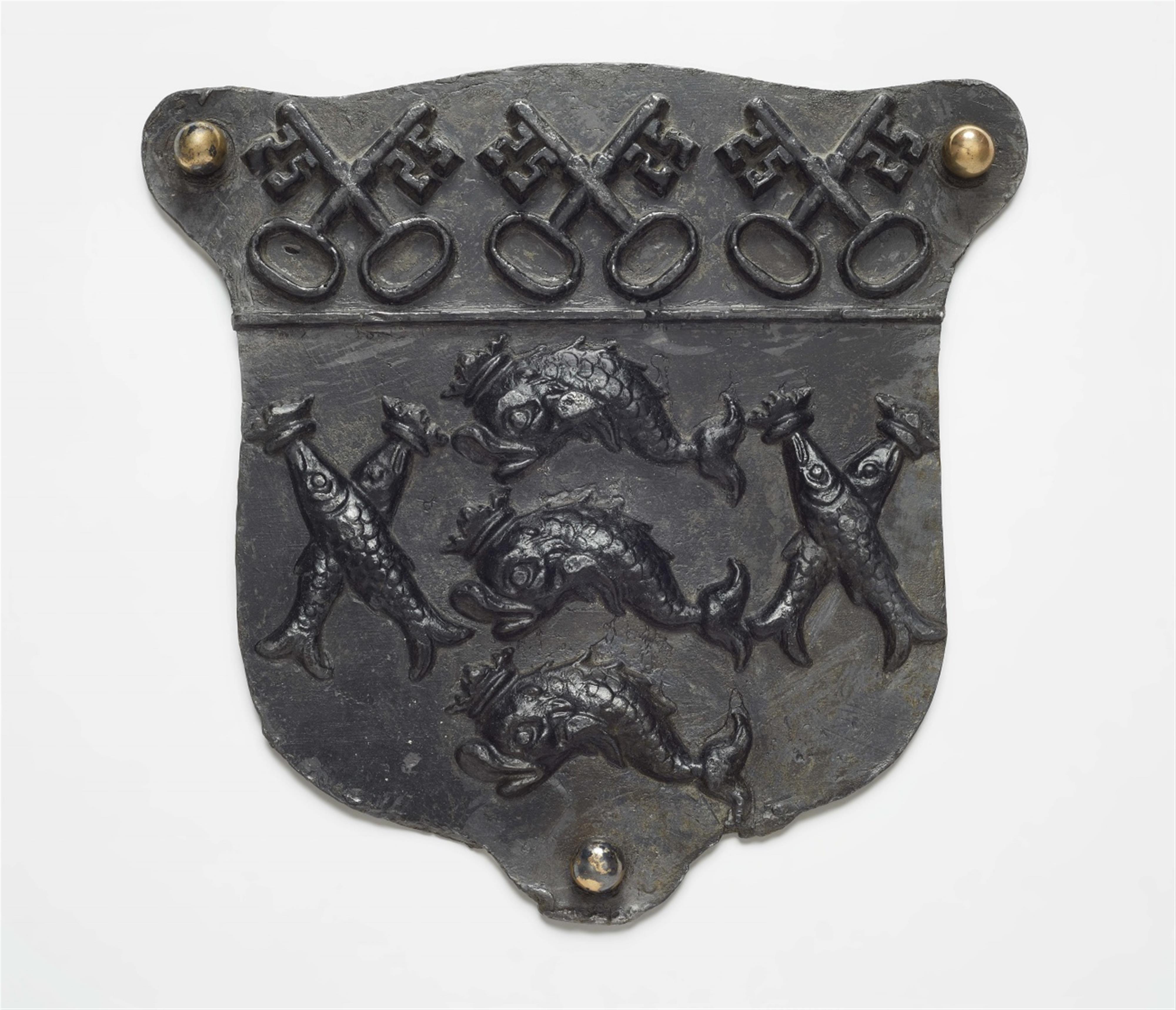 A heraldic cast lead plaque with three keys and dolphins - image-1