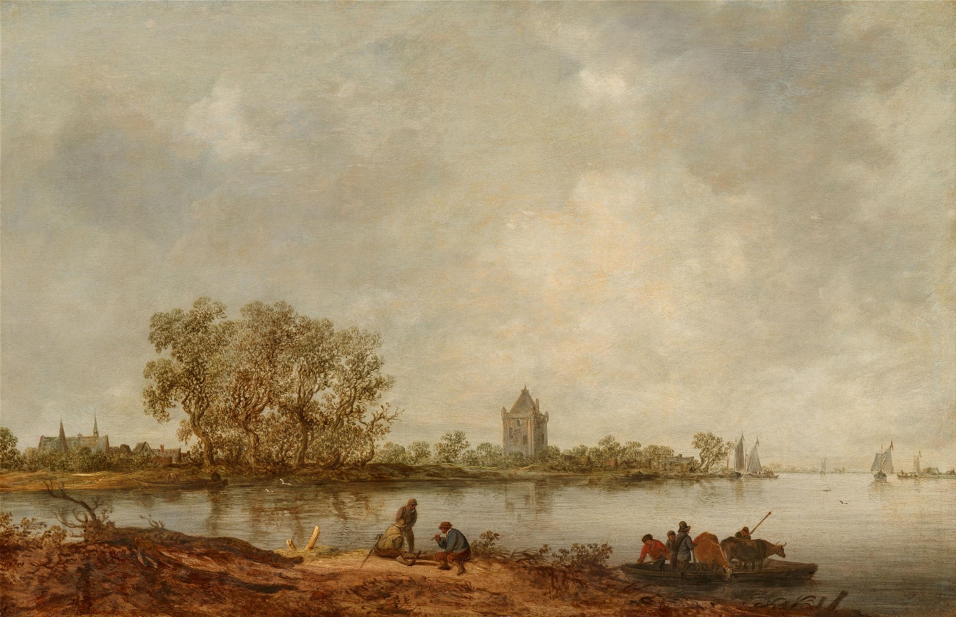 Jan van Goyen - Coastal Landscape with a Ferry and a Tower in the Background - image-1