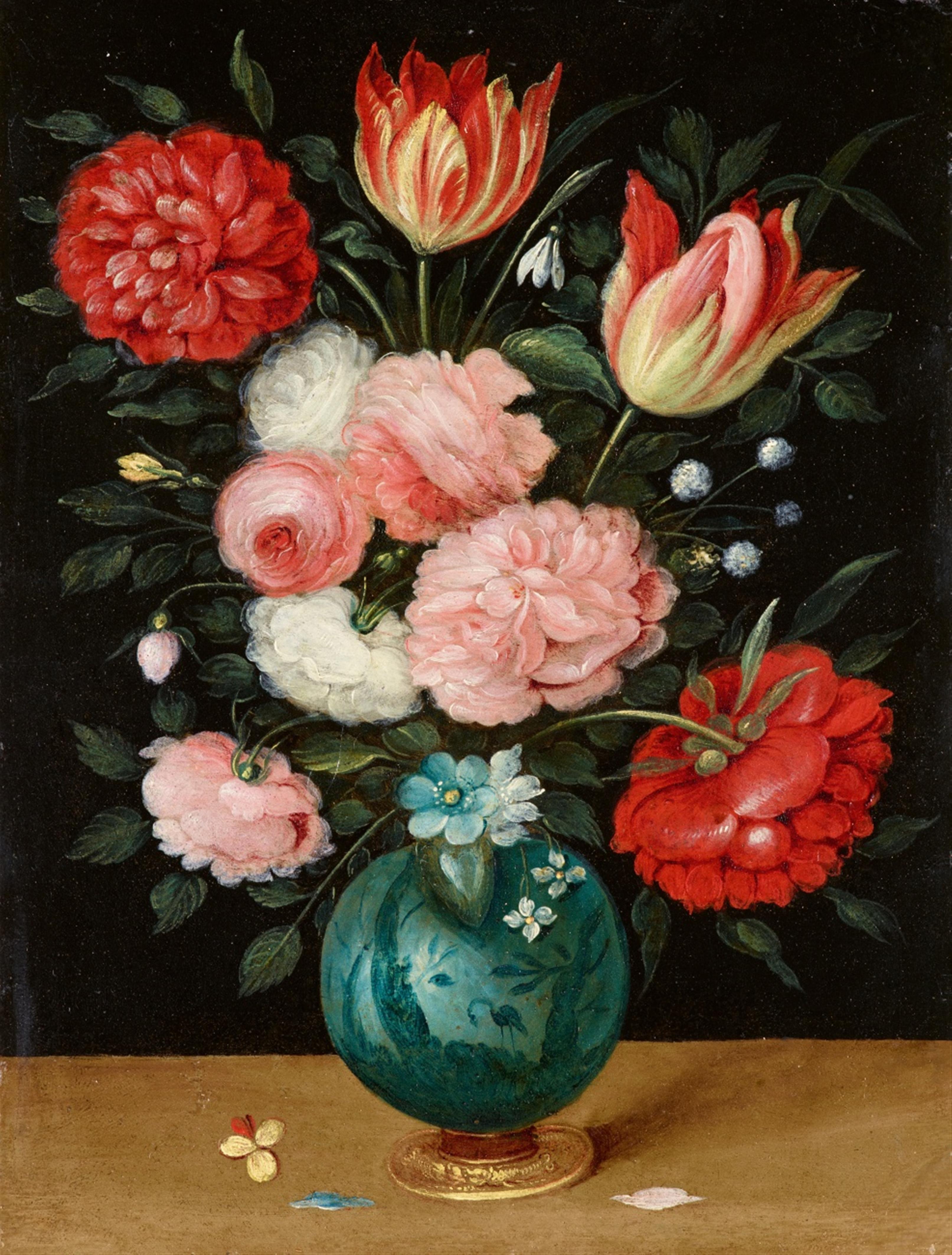 Jan Brueghel the Younger - Roses and Tulips in a Chinese Vase with a Gold Base - image-1