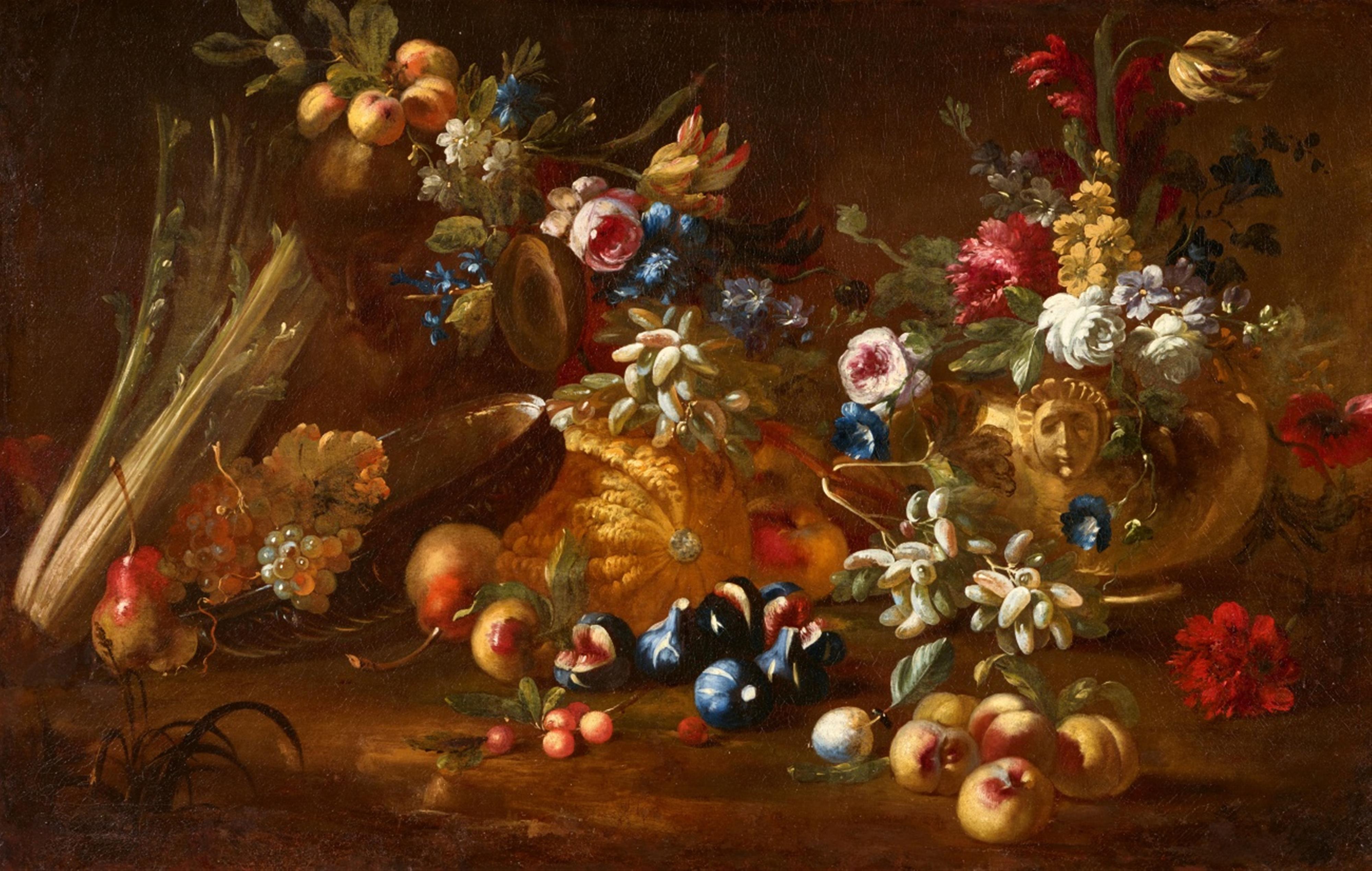 Roman School 17th century - Still Life with Celery, Pumpkin, Flowers and Fruit - image-1