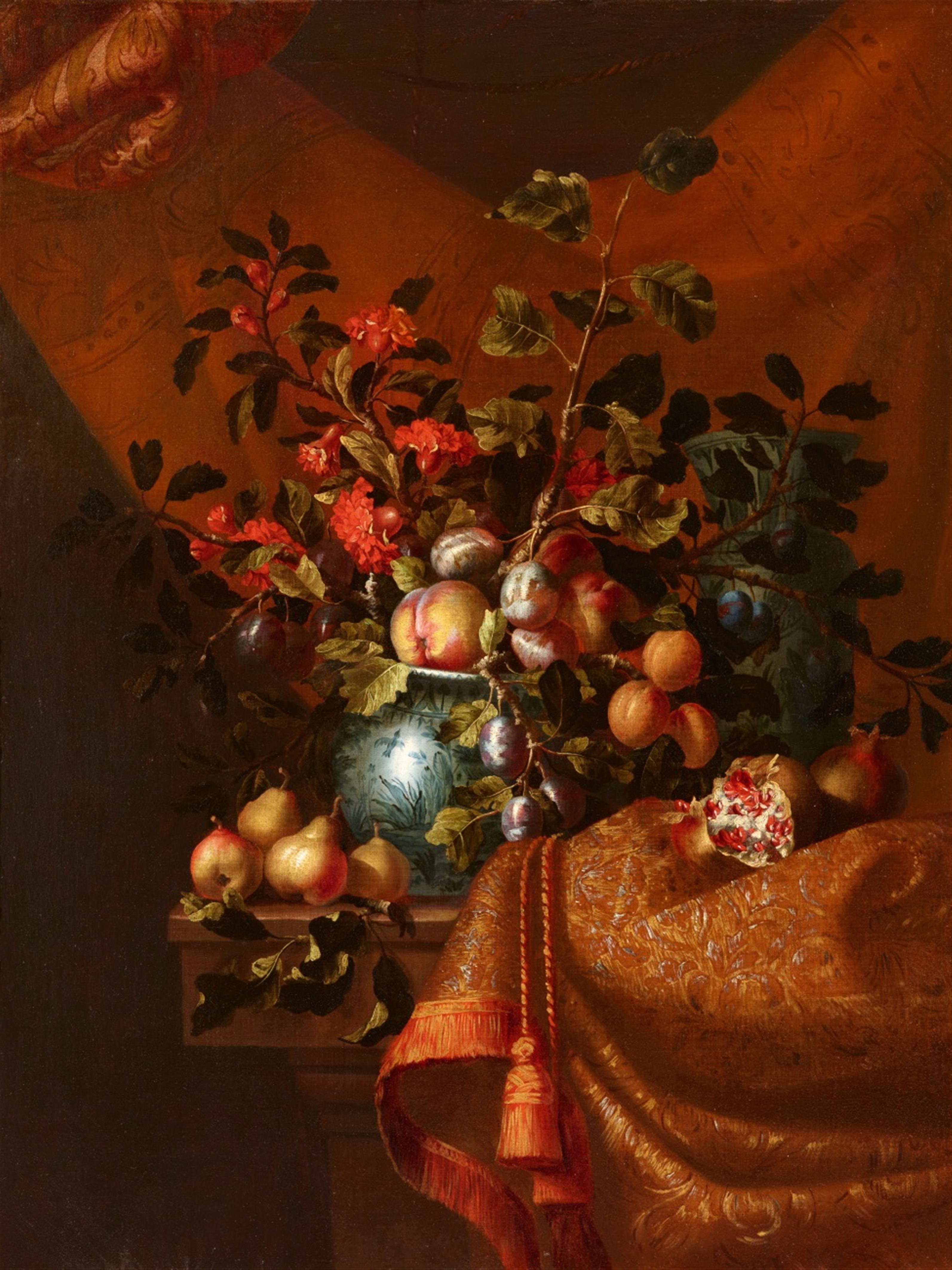 French School circa 1700 - Still Life with Fruit and Flowers in a Porcelain Vase with a Brocade Drapery - image-1