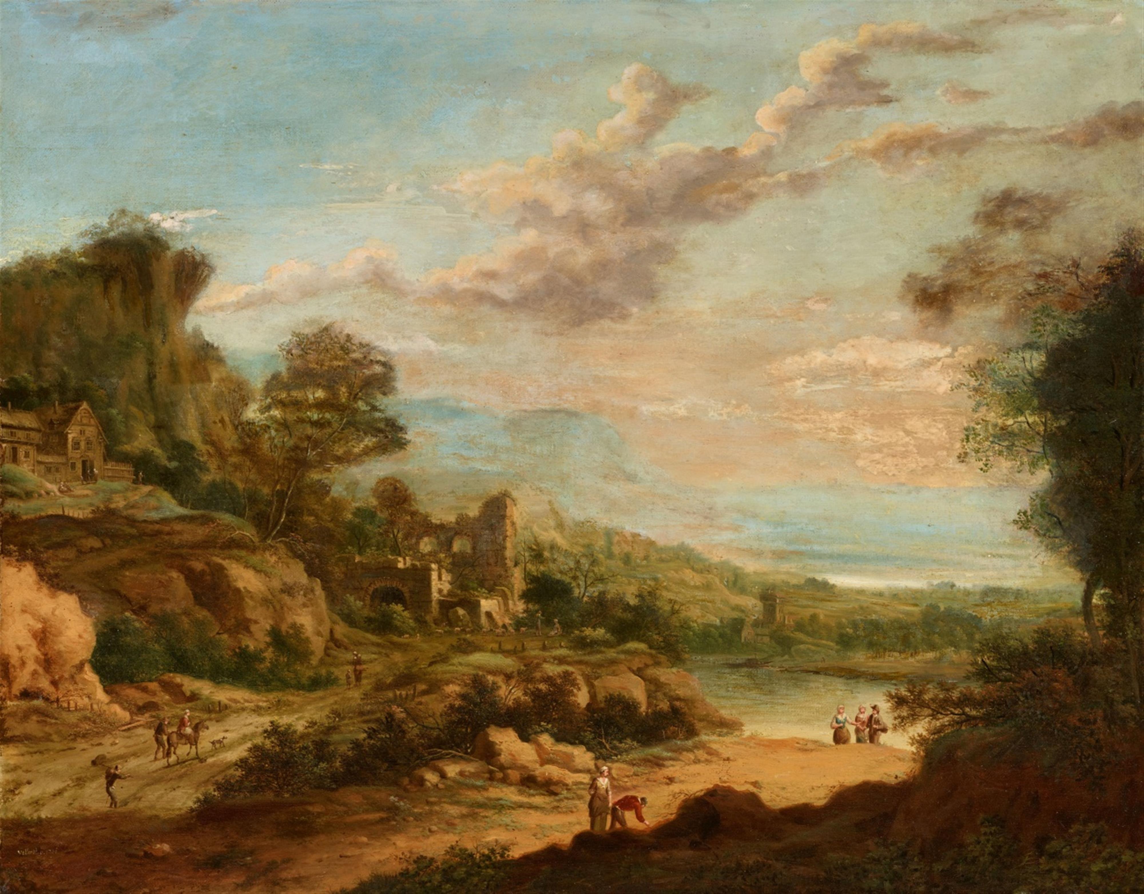 Johann Christian Vollerdt - River Landscape with Castle Ruin and Figural Staffage - image-1