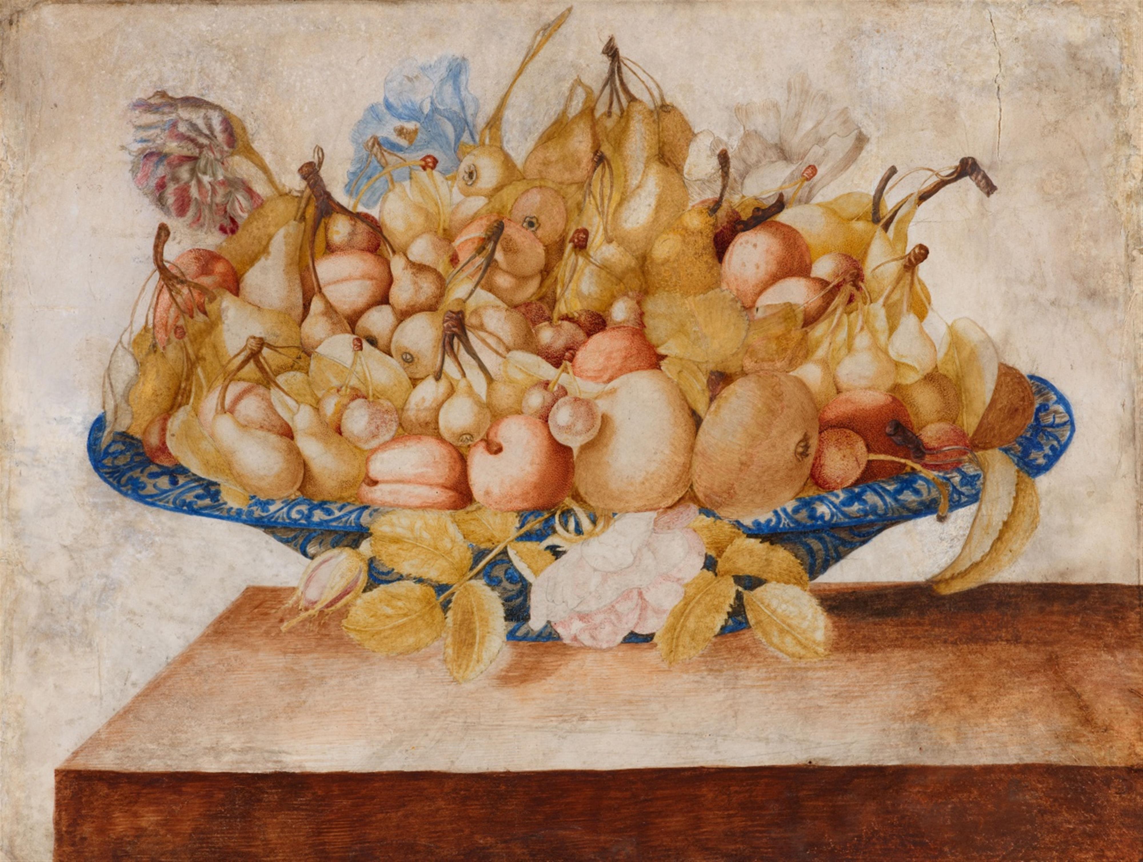 Octavianus Monfort - Kirschen, Birnen, Aprikosen mit anderen Früchten und Blumen in einer blau-weißen Porzellanschale - image-1