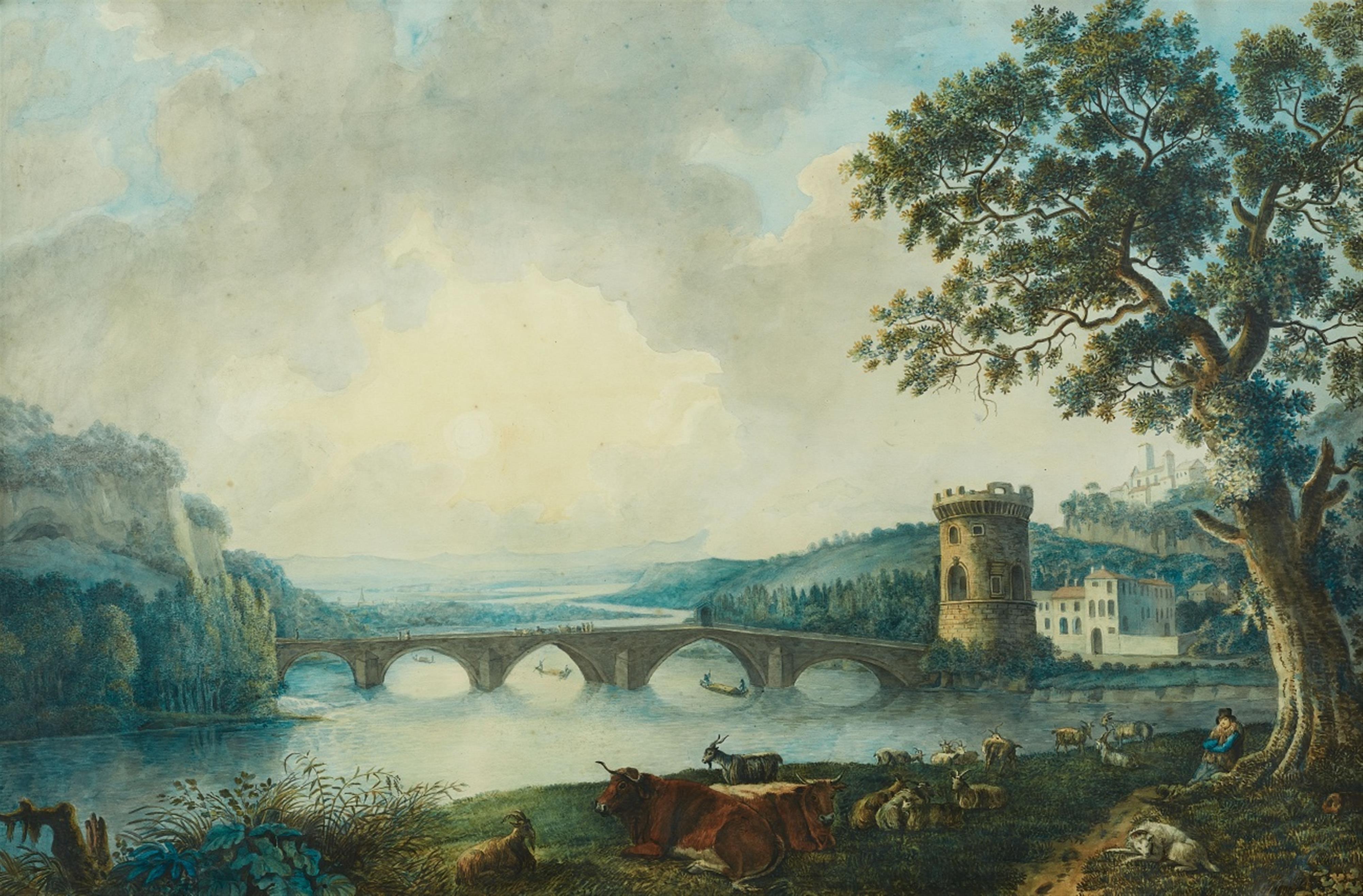 German School circa 1800 - Landscape with a Bridge over a River (possibly the Arno) - image-1