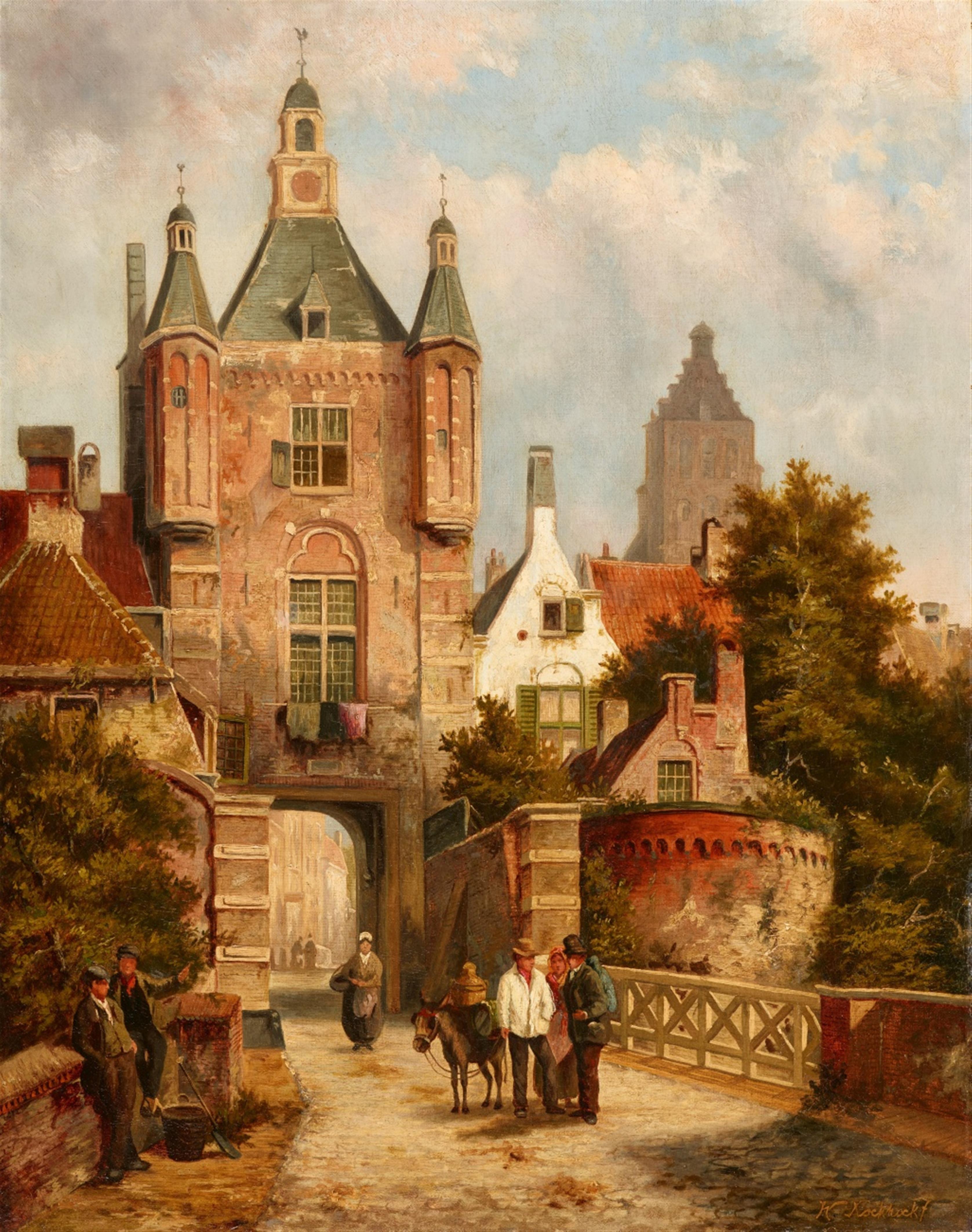 Willem Koekkoek - View of a Dutch Town with a Bridge and Tower - image-1