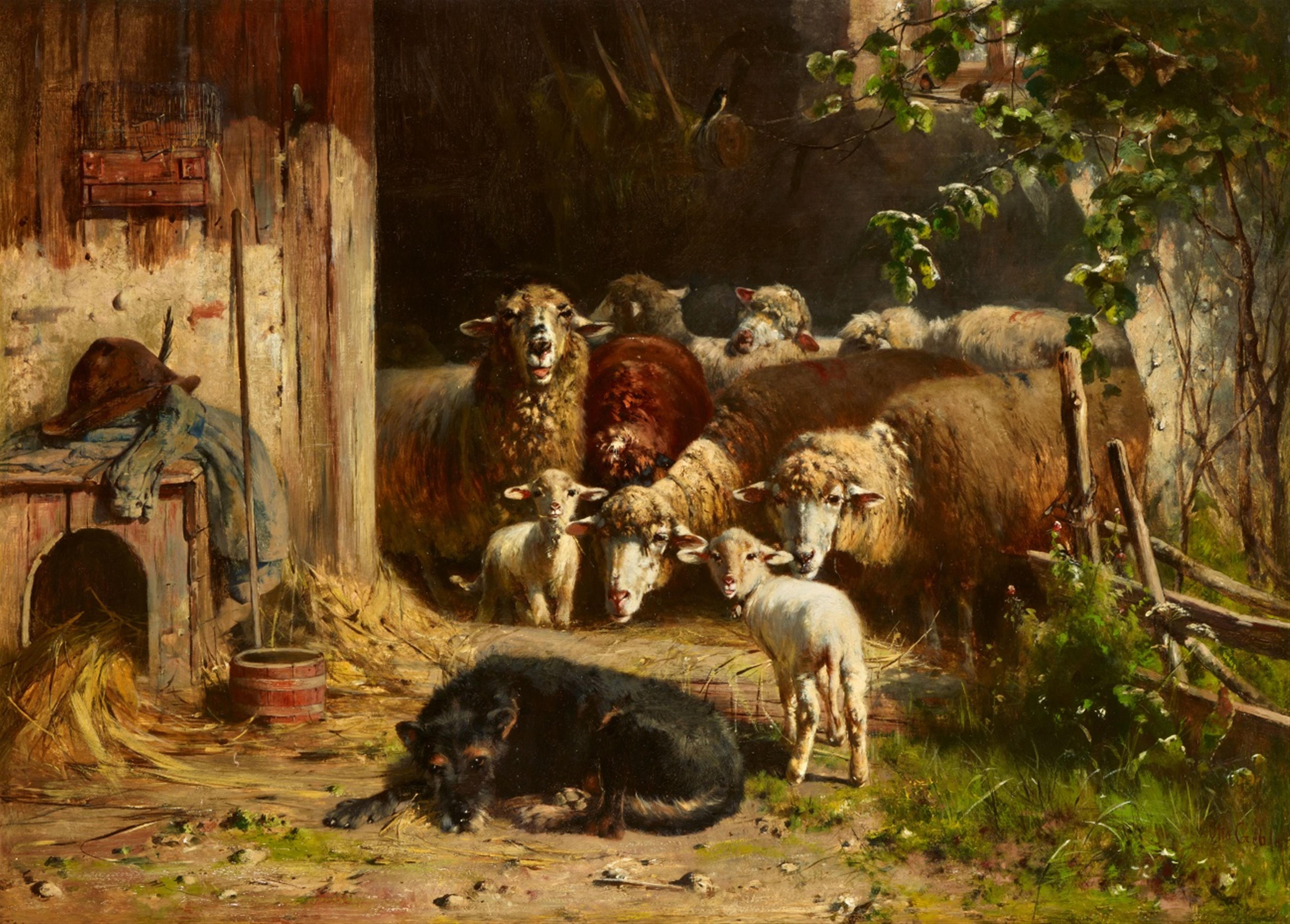 Otto Friedrich Gebler - Schafe im Stall mit einem Hund - image-1