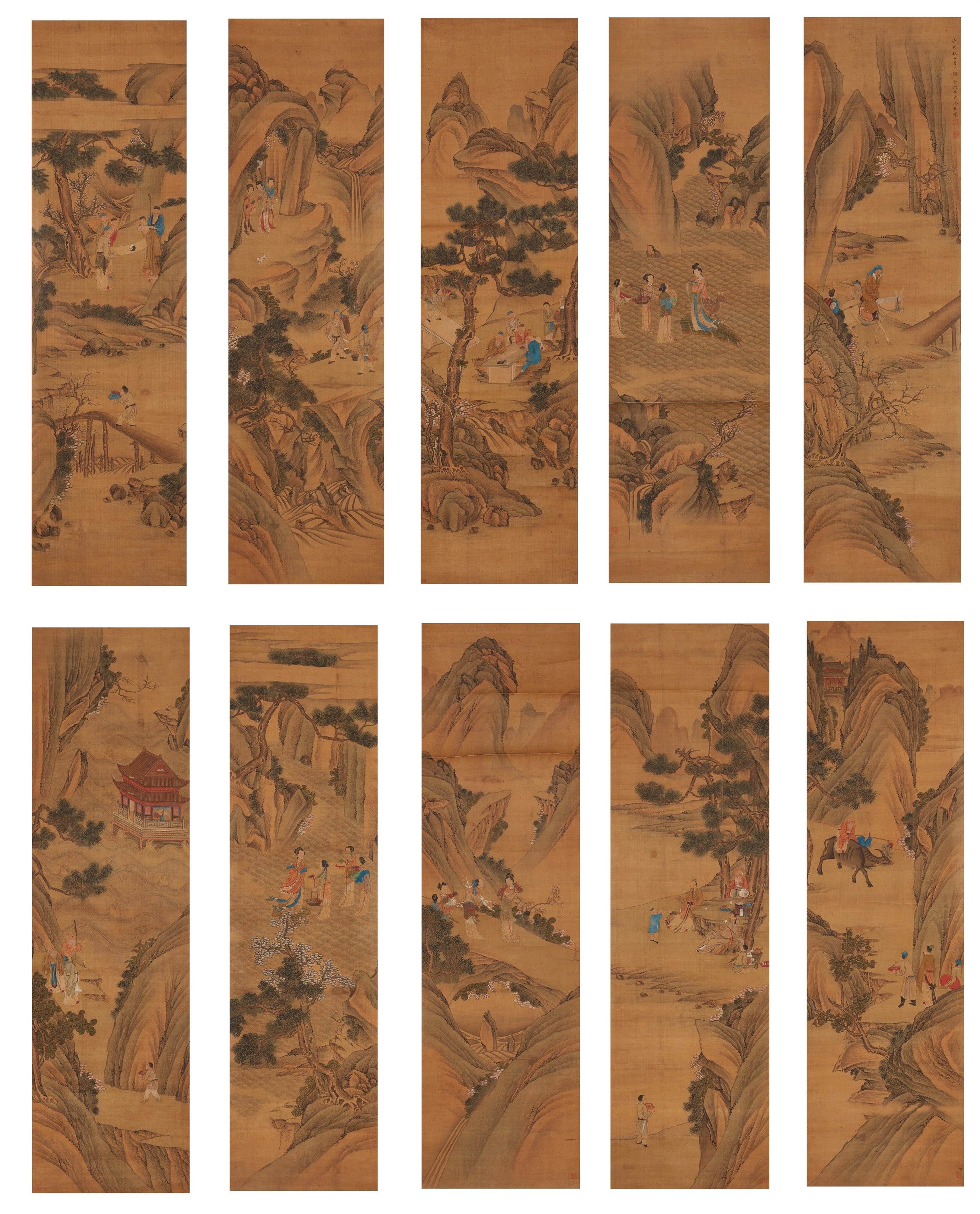 Leng Mei . Qing-Zeit - The Daoist paradise of the immortals. A set of ten hanging scrolls. Ink and colour on paper. One scroll dated cyclically renyin (1722) and inscribed Jinmen huashi Leng Mei and s... - image-1