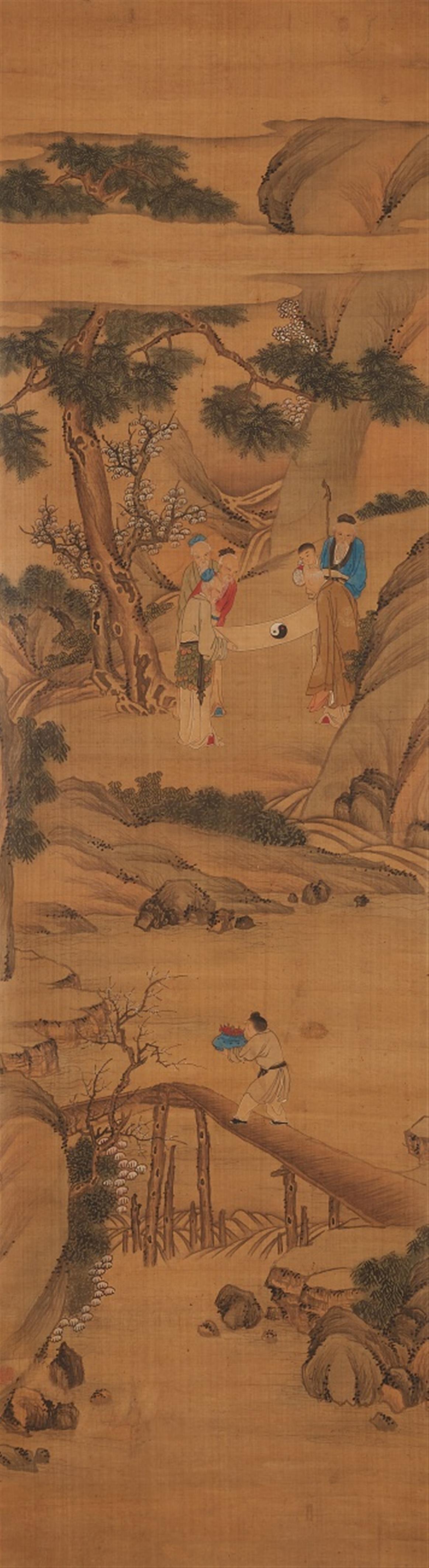 Leng Mei . Qing-Zeit - The Daoist paradise of the immortals. A set of ten hanging scrolls. Ink and colour on paper. One scroll dated cyclically renyin (1722) and inscribed Jinmen huashi Leng Mei and s... - image-2