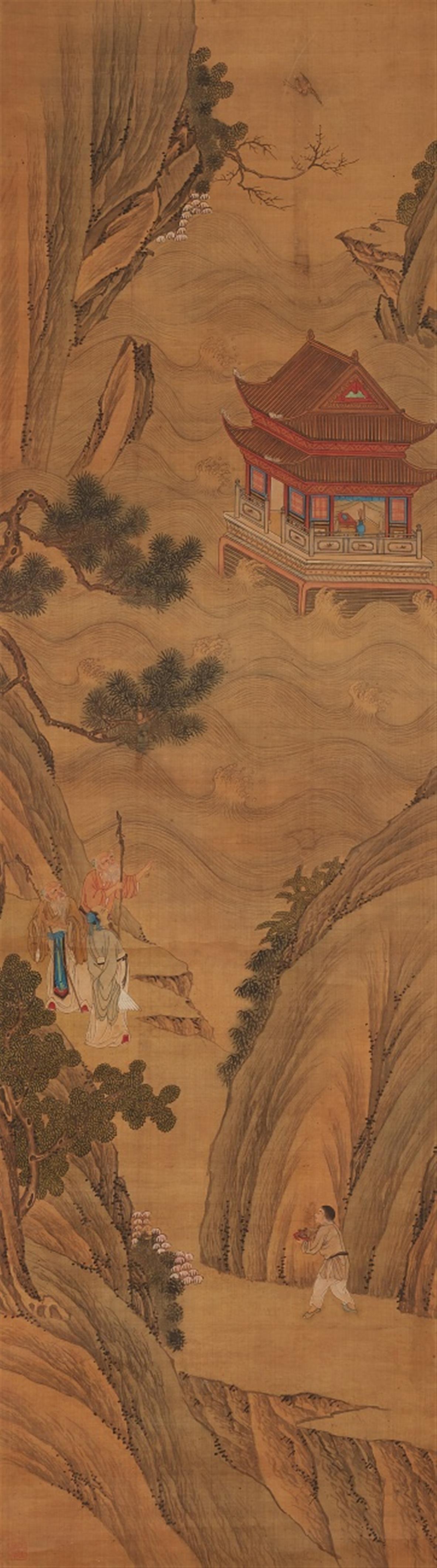 Leng Mei . Qing-Zeit - The Daoist paradise of the immortals. A set of ten hanging scrolls. Ink and colour on paper. One scroll dated cyclically renyin (1722) and inscribed Jinmen huashi Leng Mei and s... - image-7