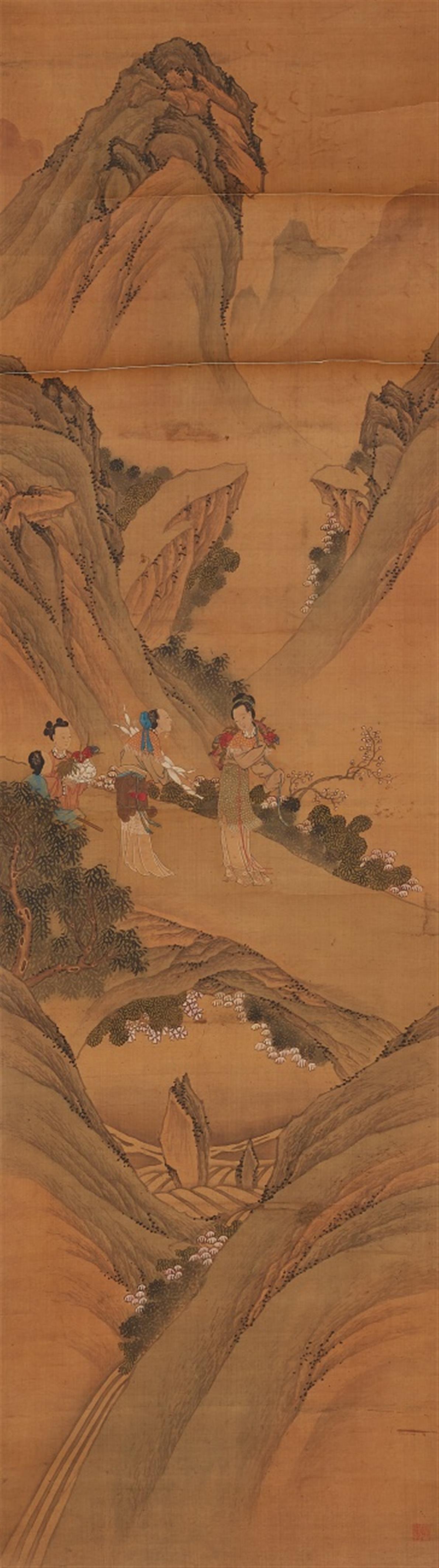 Leng Mei . Qing-Zeit - The Daoist paradise of the immortals. A set of ten hanging scrolls. Ink and colour on paper. One scroll dated cyclically renyin (1722) and inscribed Jinmen huashi Leng Mei and s... - image-9