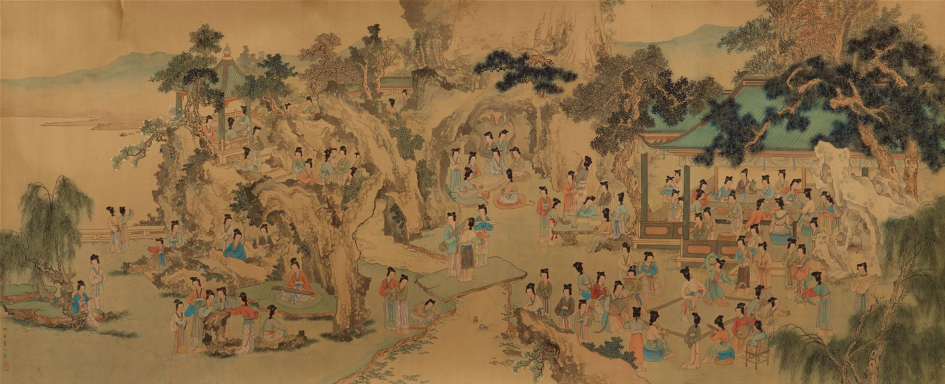 After Qiu Ying . Late Qing/Republic period - One hundred beauties (Baimei tu). Horizontal scroll (mounted as a hanging scroll). Ink, colour on paper. Inscribed Qiu Ying shifu and sealed Shifu.  - image-1