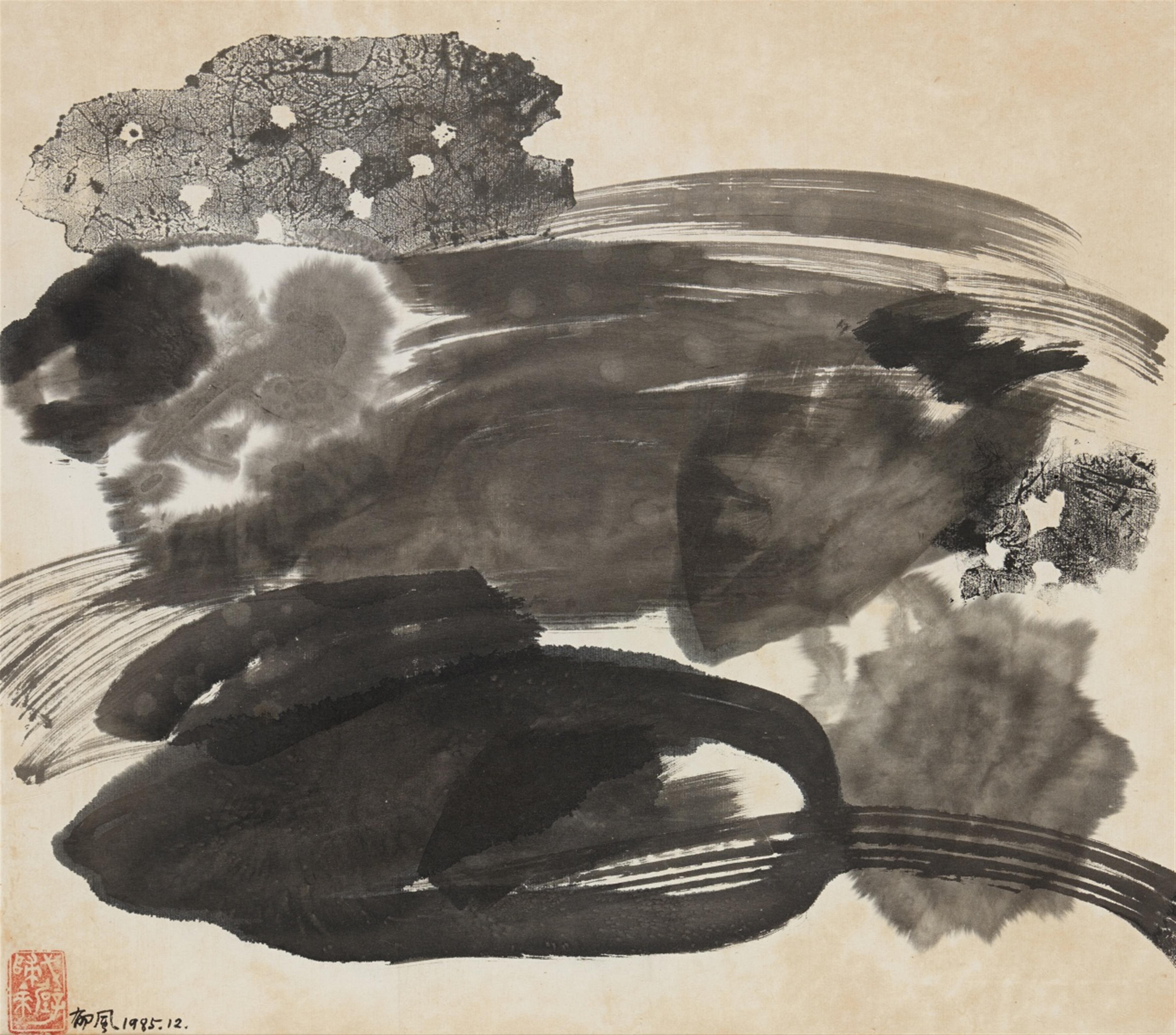 Yu Feng - An abstract composition. Ink on paper. Dated 1985.12, signed Yu Feng and sealed Gebi guilai (Back from the Gobi desert). Matted, framed and glazed. - image-2