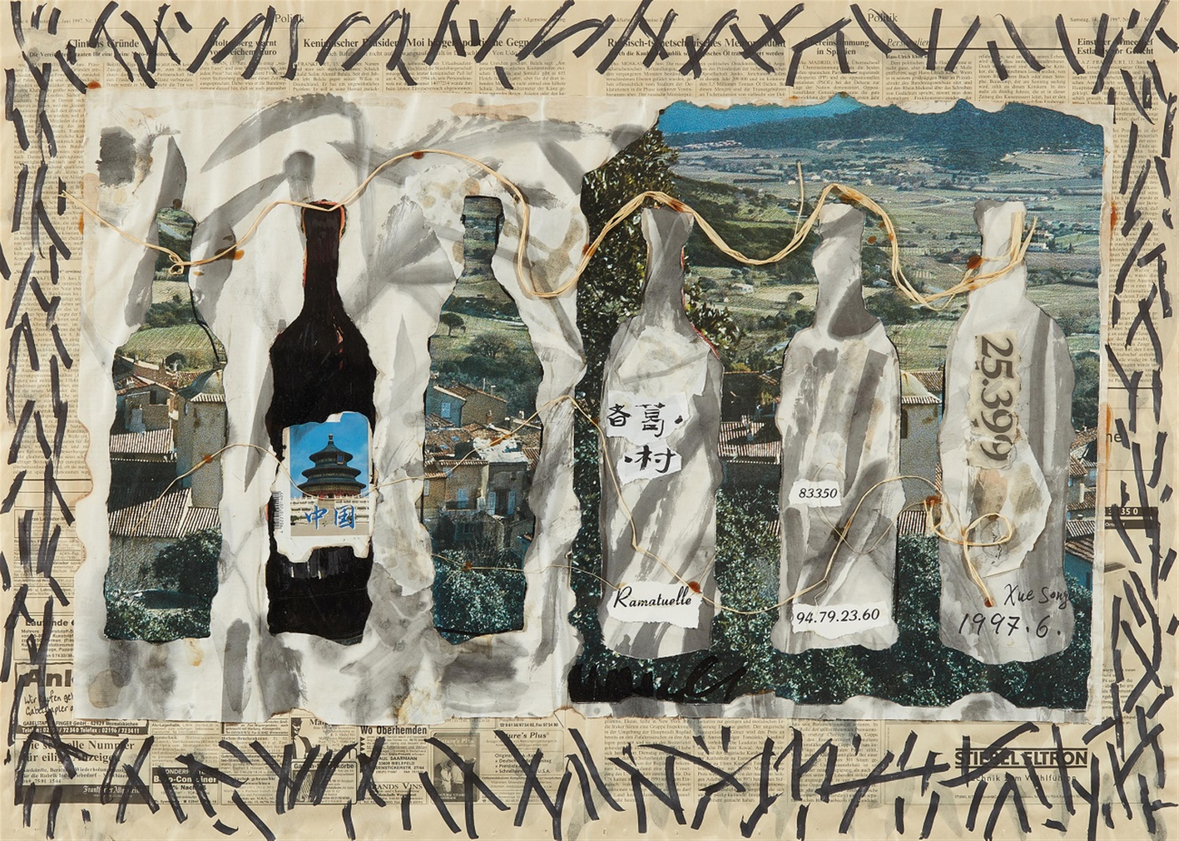 Xue Song . 1997 - Bottles. Mixed media and ink on paper. Signed and dated Xue Song, 1997.6. Framed and glazed. - image-1