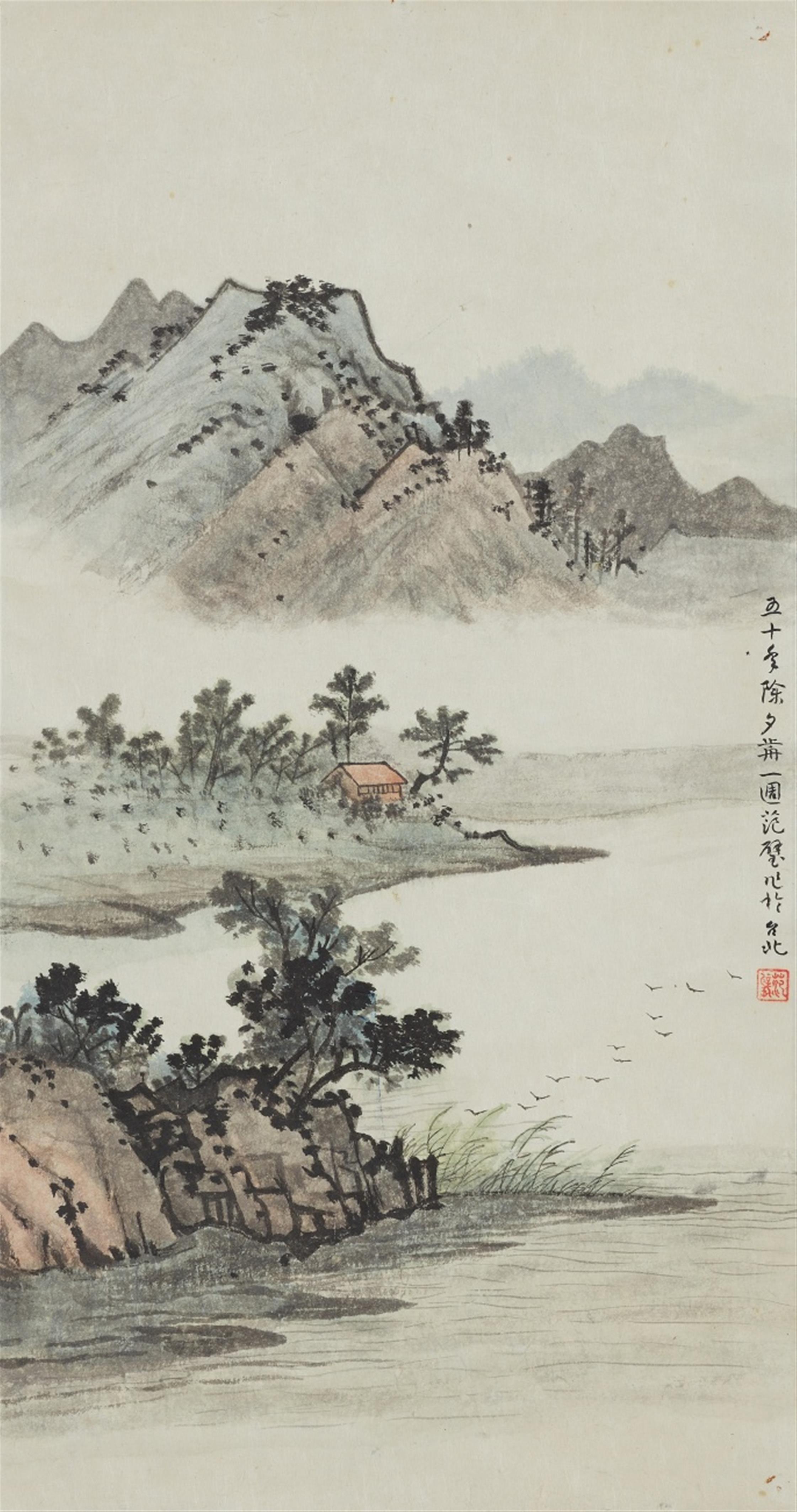 Zhang Wei and
Fan Bi . 19th/20th century - Two hanging scrolls. Ink and colour on paper. a) Butterflies and flowers. Signed Zhang Wei, sealed Wei yin Zhang Wei. b) A mountainous landscape. Signed and sealed Fan Bi. (2) - image-1