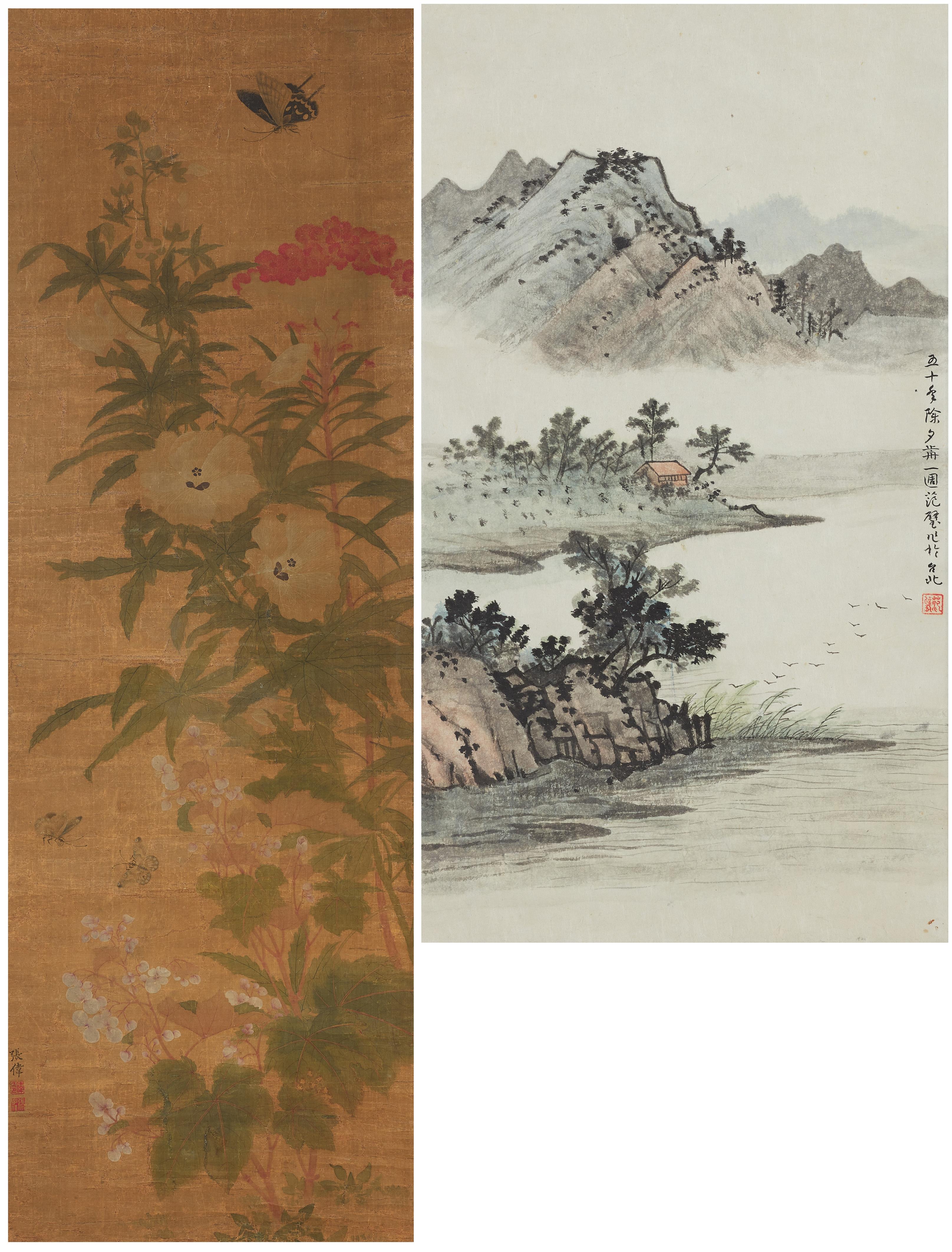 Zhang Wei and
Fan Bi . 19th/20th century - Two hanging scrolls. Ink and colour on paper. a) Butterflies and flowers. Signed Zhang Wei, sealed Wei yin Zhang Wei. b) A mountainous landscape. Signed and sealed Fan Bi. (2) - image-3