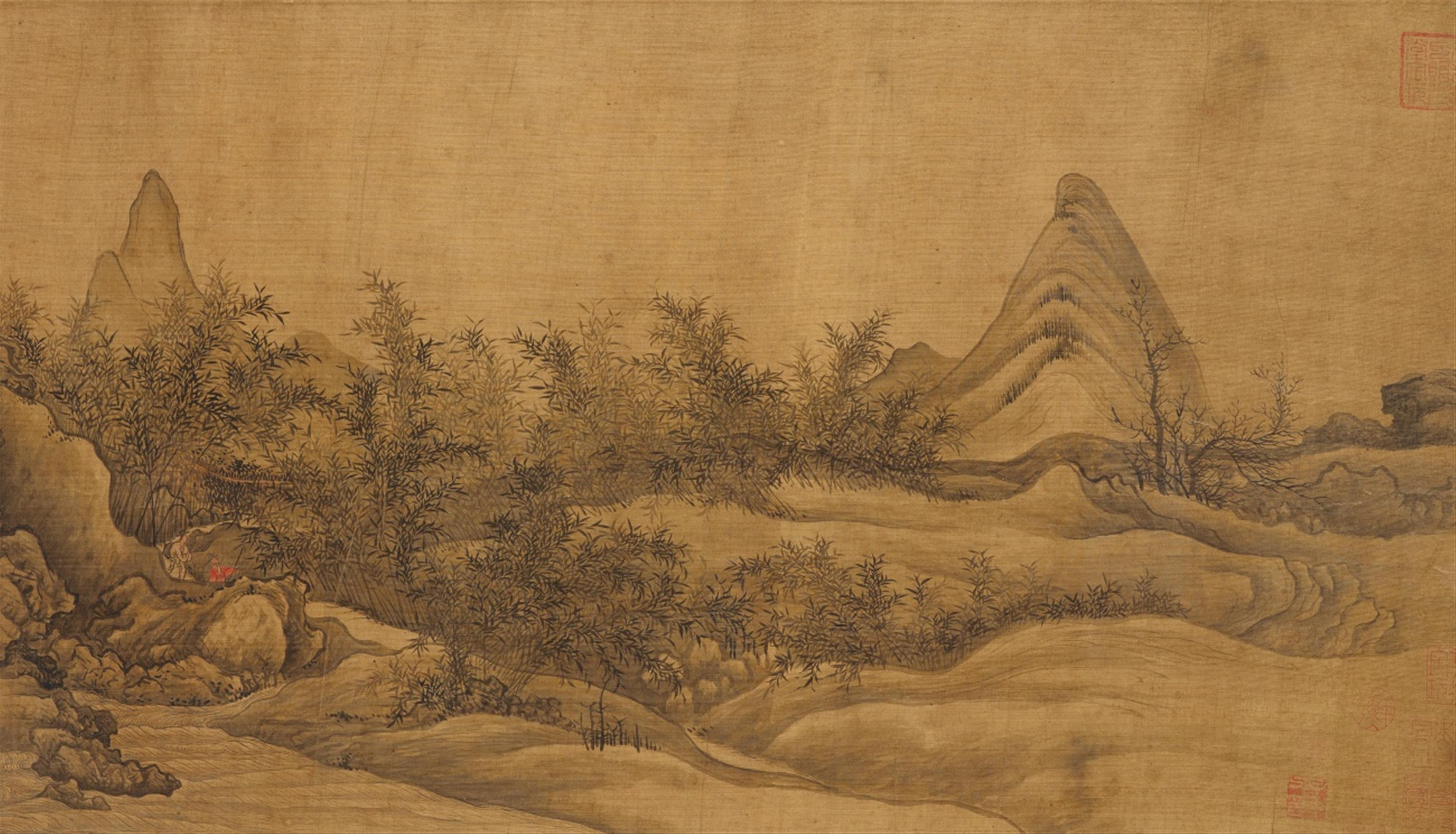 Anonymous painter . Qing-Zeit - A mountainous landscape. Ink a few colours on silk. Collector's seal. With silk mounting, framed and glazed. - image-1