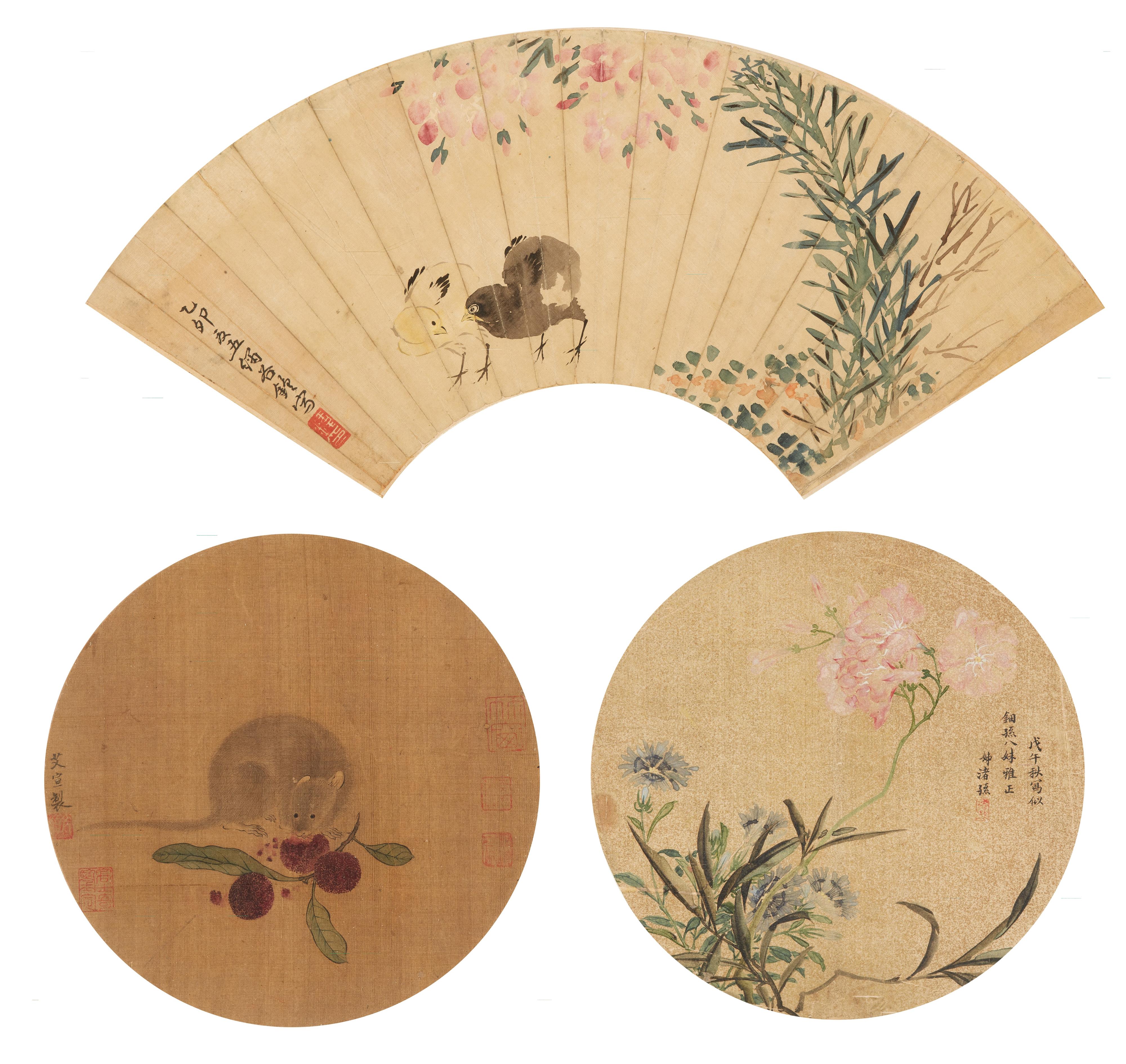 Sima Zhong, in the manner of
After Ai Xuan and Zhu Sun. Qing dynasty - Three paintings. a) Two quails. Ink and colour on silk. Inscription, dated cyclically yimao (1855), signed Xu Suzhong and sealed Zhong yin. b) A mouse with a fruit. Ink and colo... - image-1