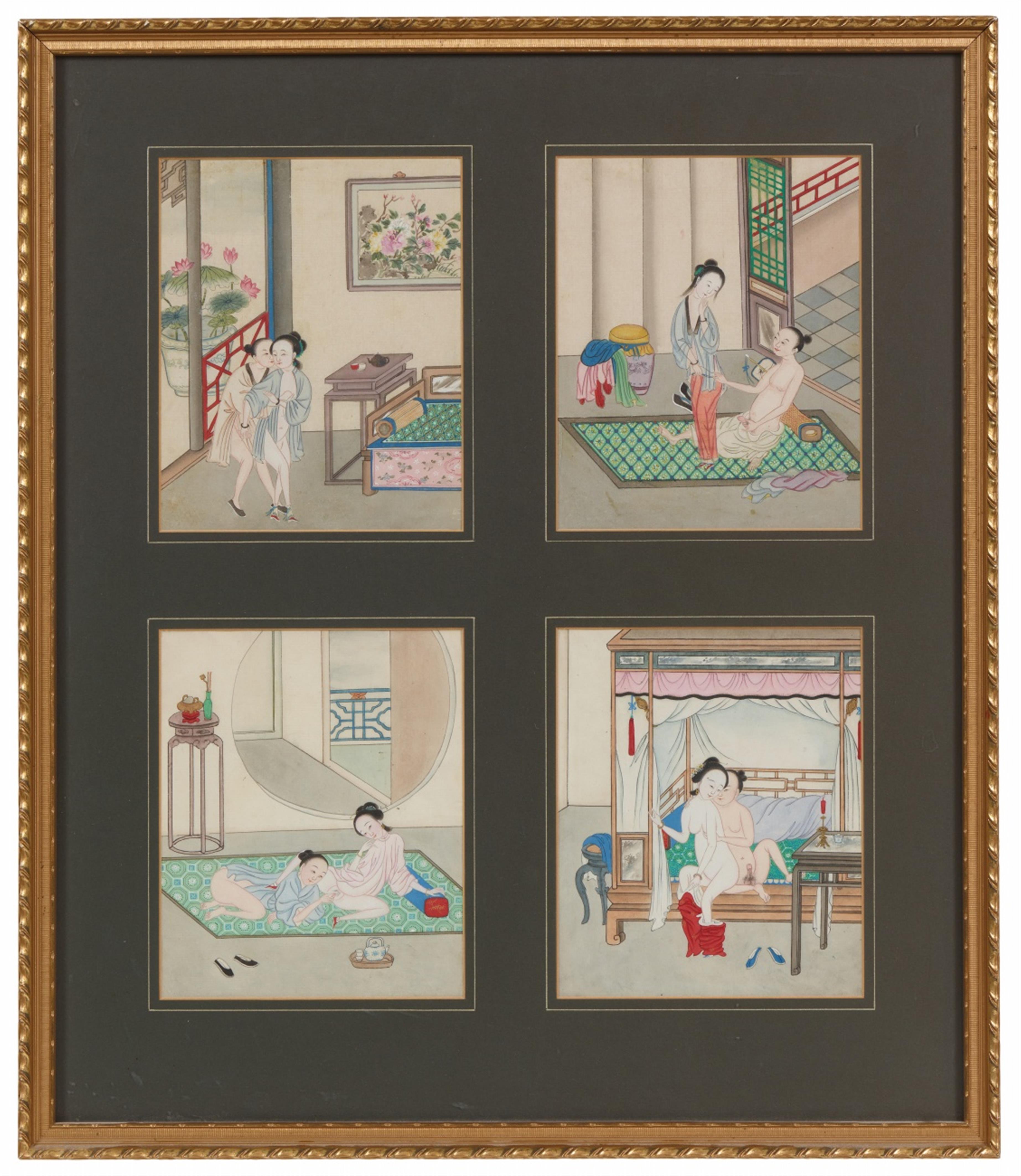 Anonymous painter . Qing dynasty - Four album leaves depicting erotic scenes. Ink and colour on paper. Matted, framed and glazed. - image-1