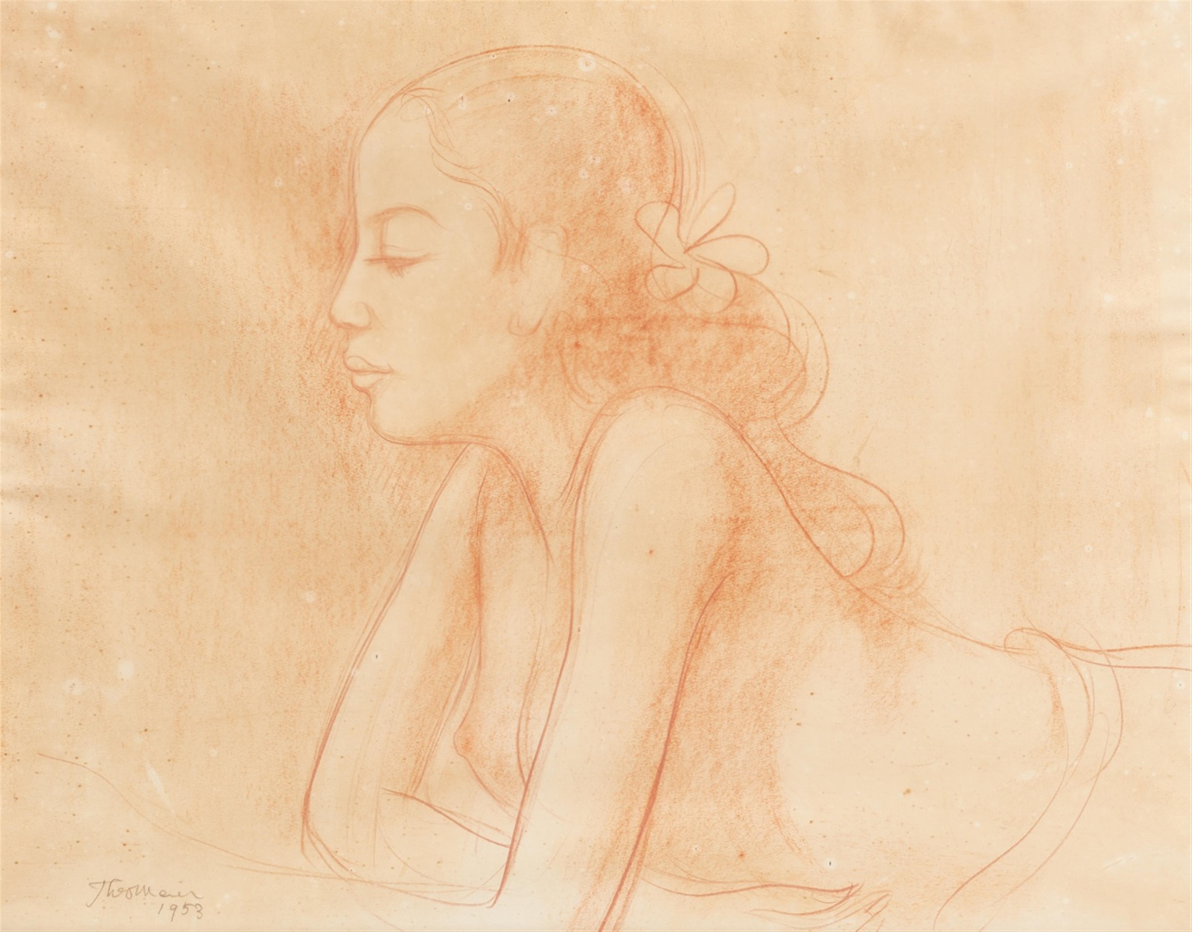 Theo Meier (Theomeier) . Around 1953 - Female half nude. Sanguine on paper. Papier. Signed Theomeier 1953. Framed and glazed. - image-2
