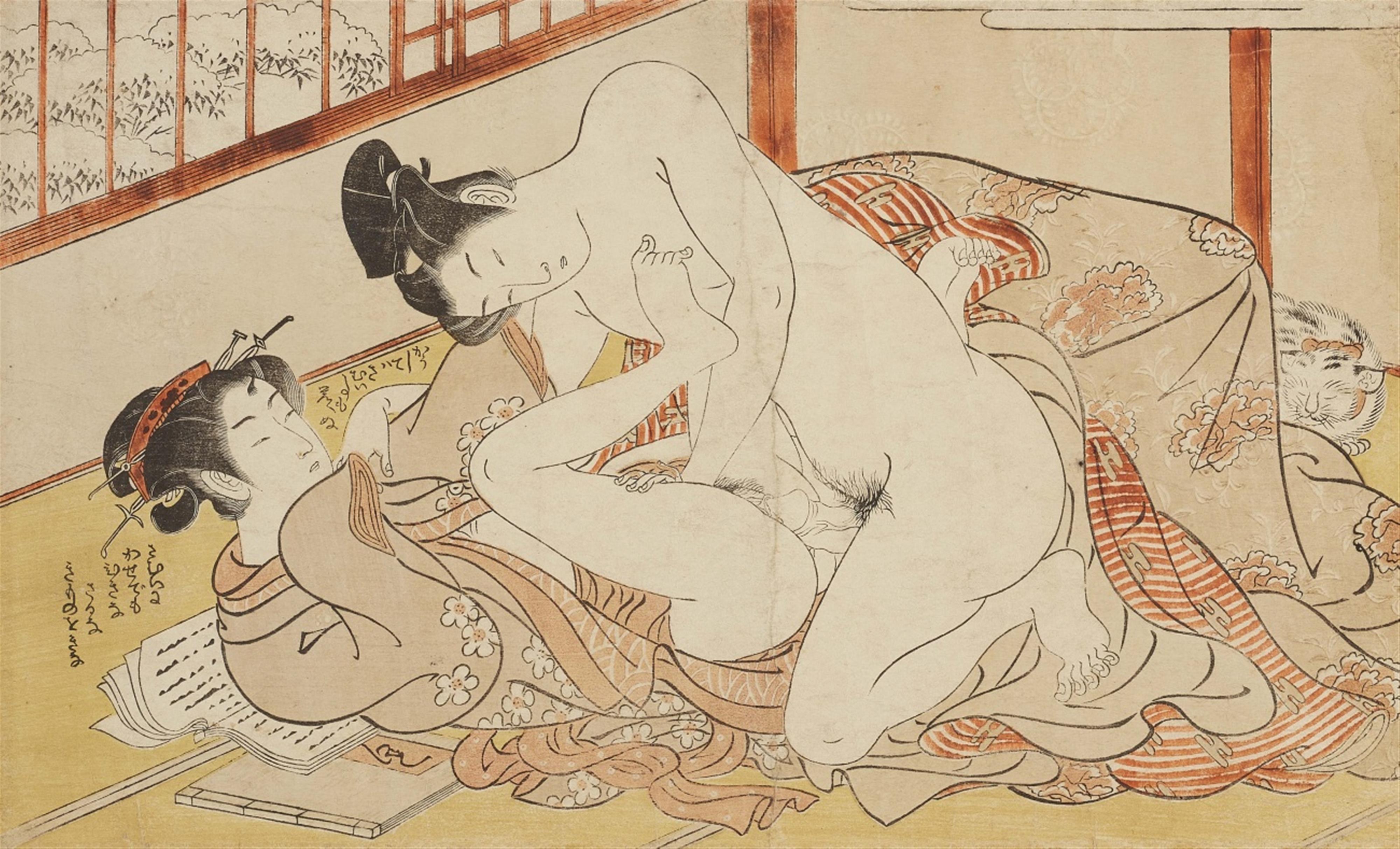 Isoda  Isoda Koryusai - Three ôban. Shunga. All unsigned. a) Series: Shikidô torikumi jûniban. Bath house scene. Circa 1775-1777. b) Two more from untitled series. (3)

Good impressions, colours fade... - image-2