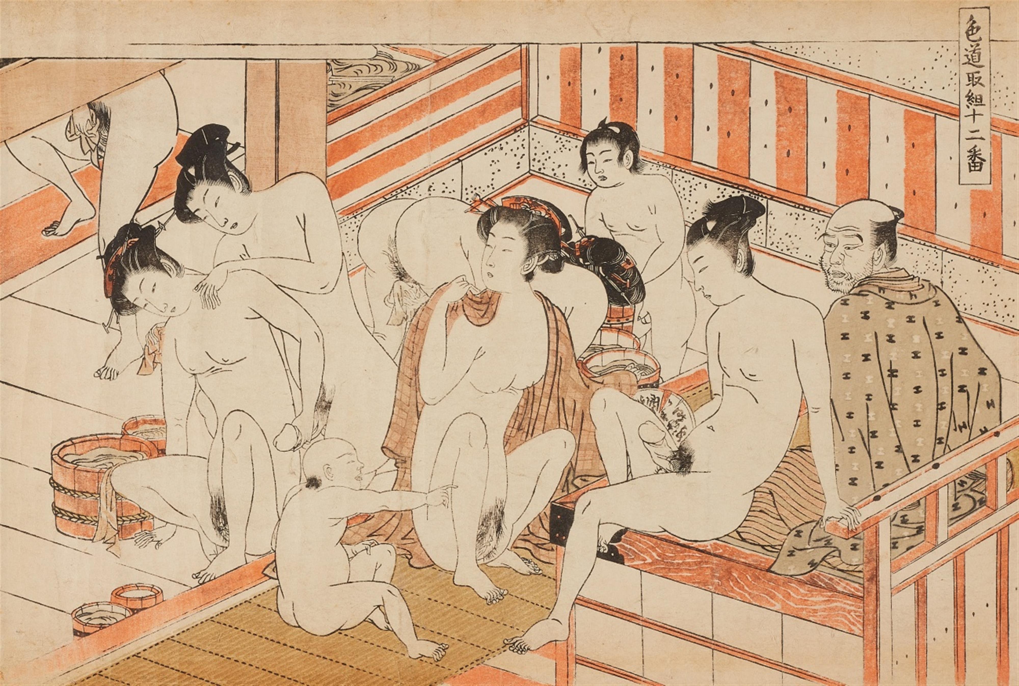Isoda  Isoda Koryusai - Three ôban. Shunga. All unsigned. a) Series: Shikidô torikumi jûniban. Bath house scene. Circa 1775-1777. b) Two more from untitled series. (3)

Good impressions, colours fade... - image-3