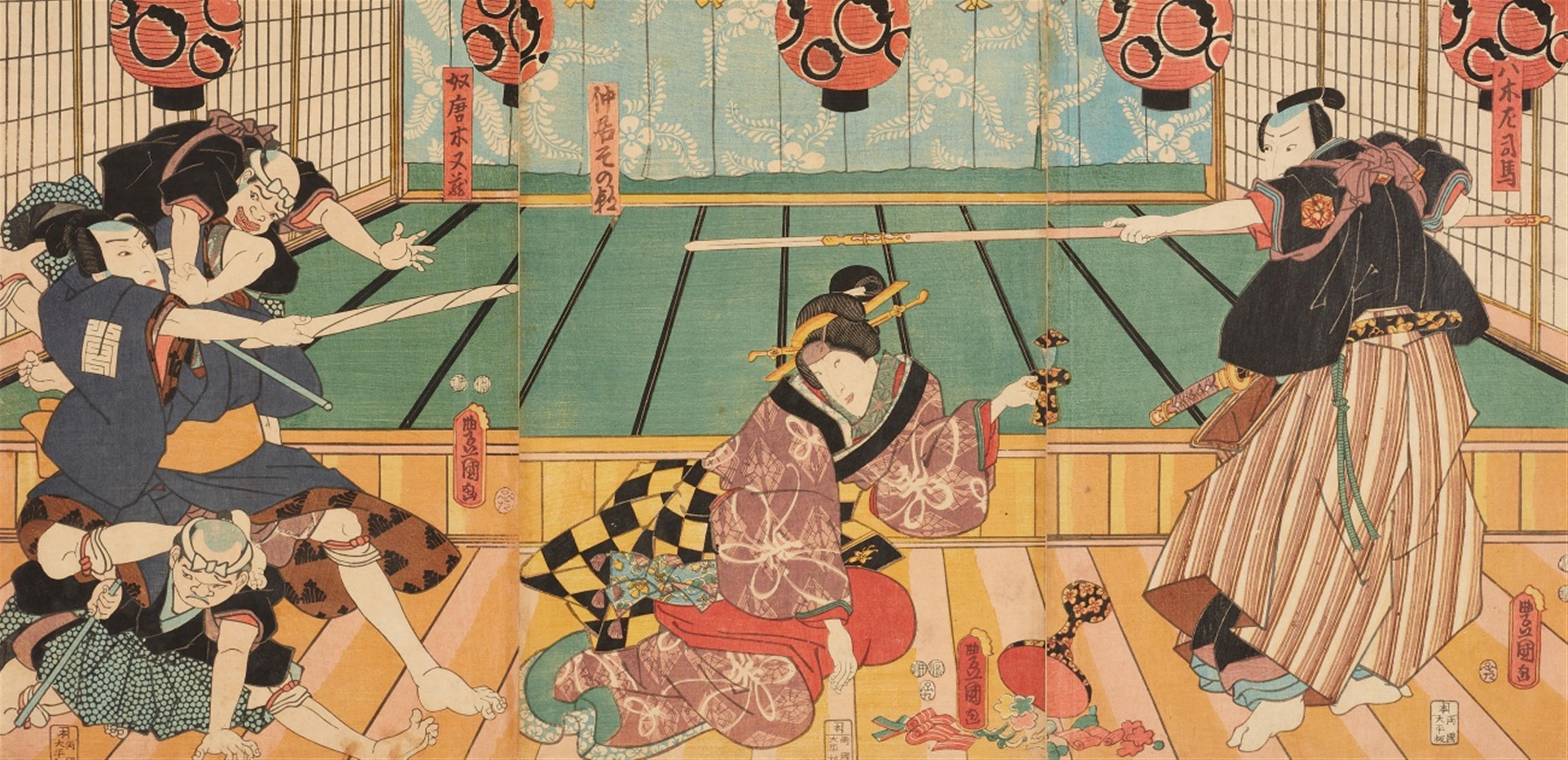Utagawa Hiroshige
Utagawa Kunisada - a) Two ôban triptychs. Theater scenes. Signed: Toyokuni ga. b) Ôban from Edo meisho. Kasumigaseki. Signed: Hiroshige ga. c) Ôban triptych. The First Crossing of the Ryôgoku Brid... - image-1