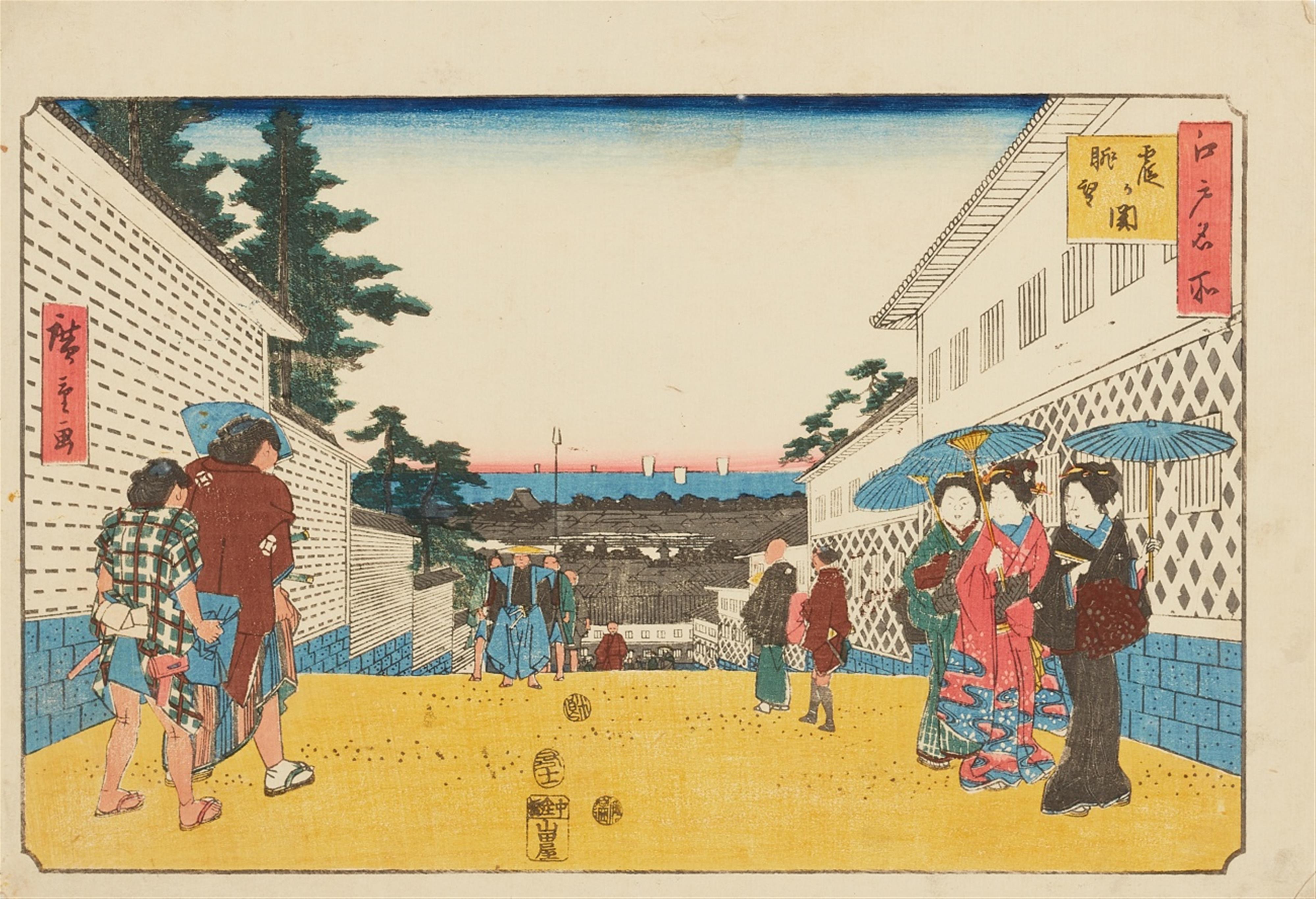 Utagawa Hiroshige
Utagawa Kunisada - a) Two ôban triptychs. Theater scenes. Signed: Toyokuni ga. b) Ôban from Edo meisho. Kasumigaseki. Signed: Hiroshige ga. c) Ôban triptych. The First Crossing of the Ryôgoku Brid... - image-3