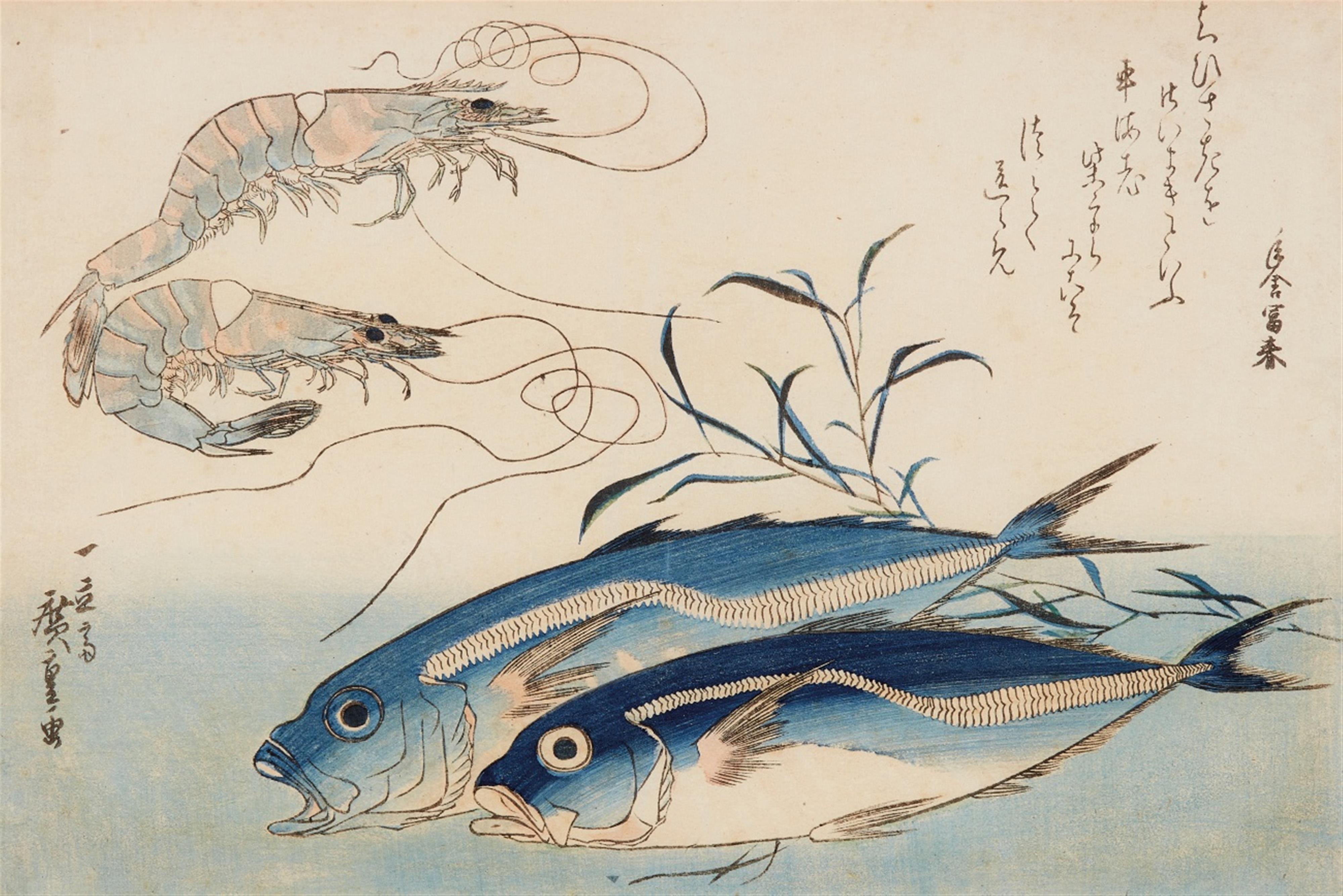Utagawa Hiroshige - Ôban, yoko-e. Large fish series. Horse mackerel (aji) and prawns (ebi) with sea weed. Poem. Signed: Ichiryûsai Hiroshige ga. Published by Nishimuraya Yohachi. Ca. 1832. Later ed... - image-1