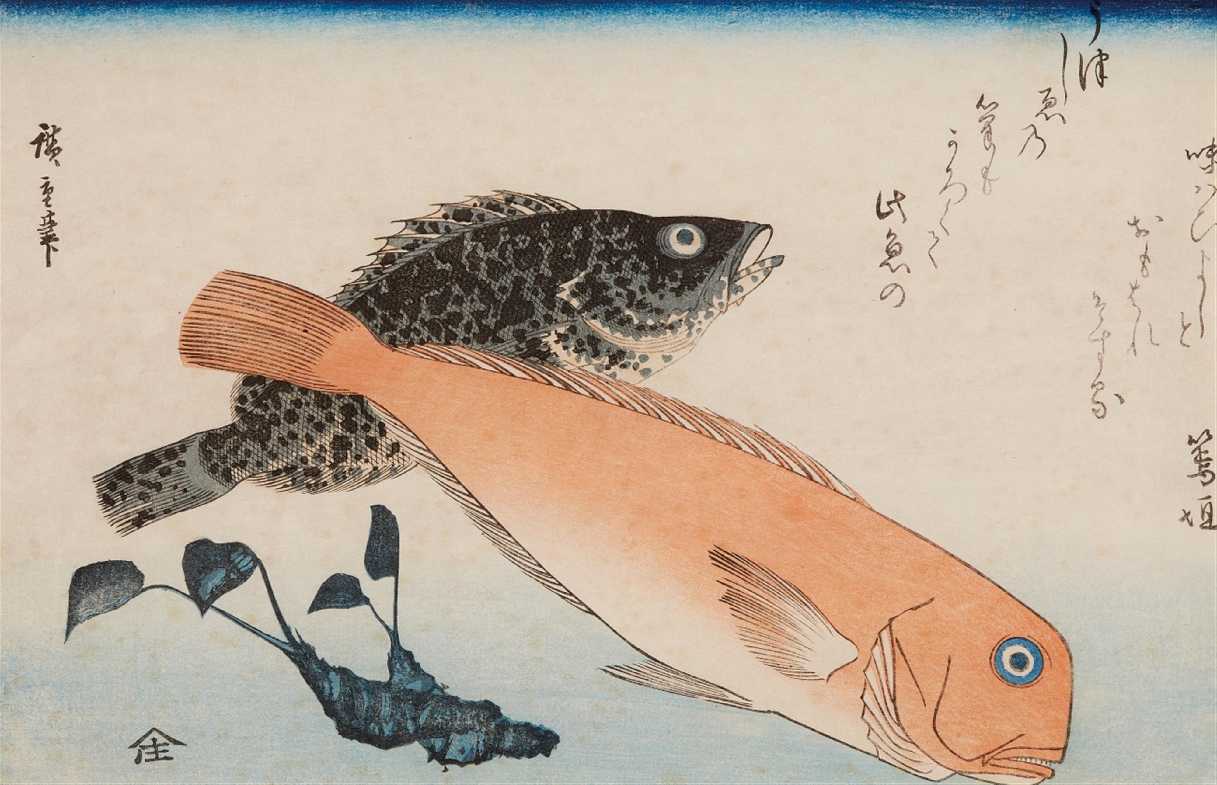 Utagawa Hiroshige - Ôban, yoko-e. Second large fish series. Sweet sea bream (amadai) and rock cod (ômon hata) with horse radish. Poems. Signed: Hiroshige hitsu. Publisher: Yamadoya Shôjirô. Ca. 184... - image-1