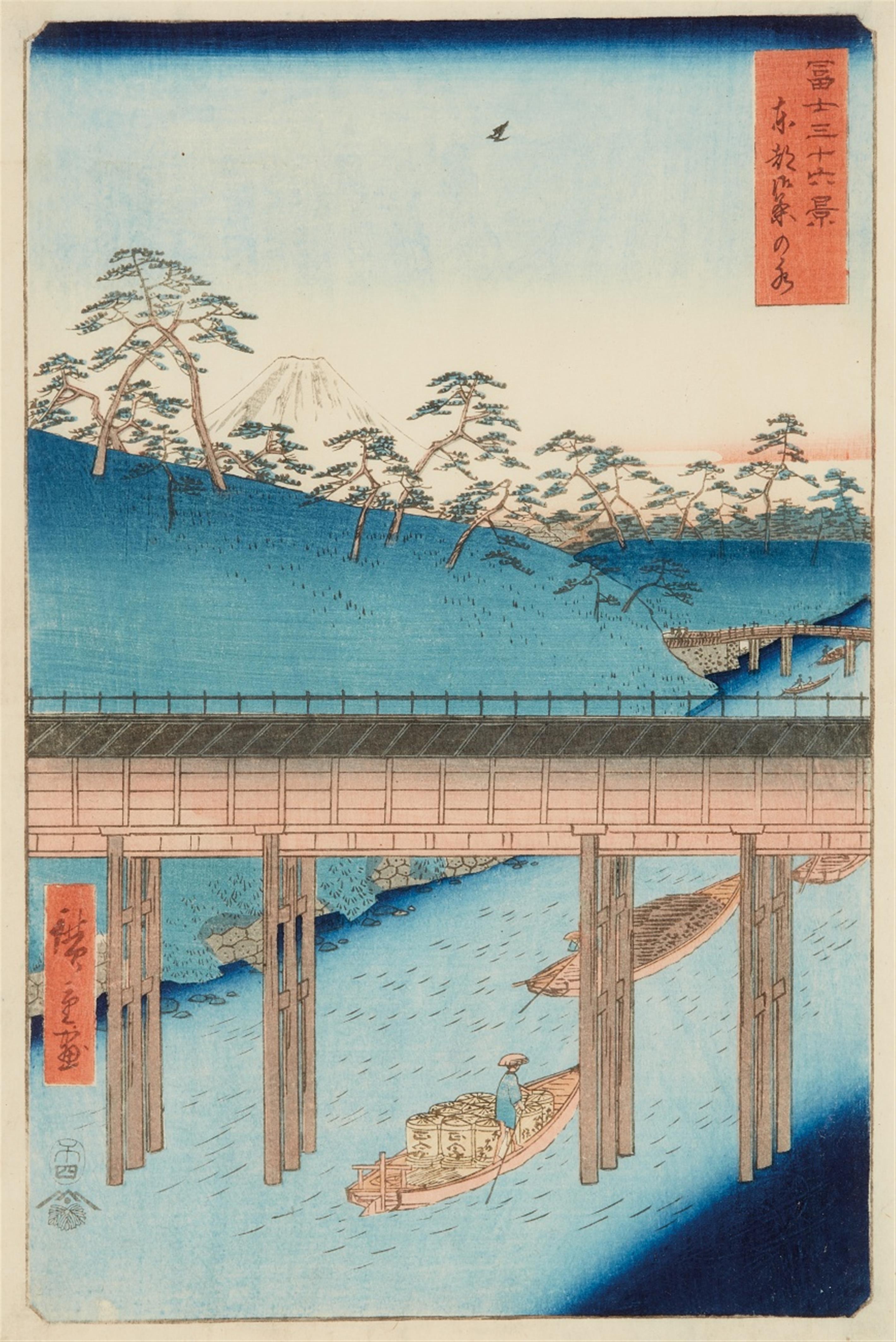 Utagawa Hiroshige - Ôban. Series: Fuji sanjûrokkei. Title: Tôto Ochanomizu. Boats on canal. Signed: Hiroshige ga. Publisher: Tsutaya Kichizô. Date: 4/1858.

Good impression and colours, slightly ... - image-1