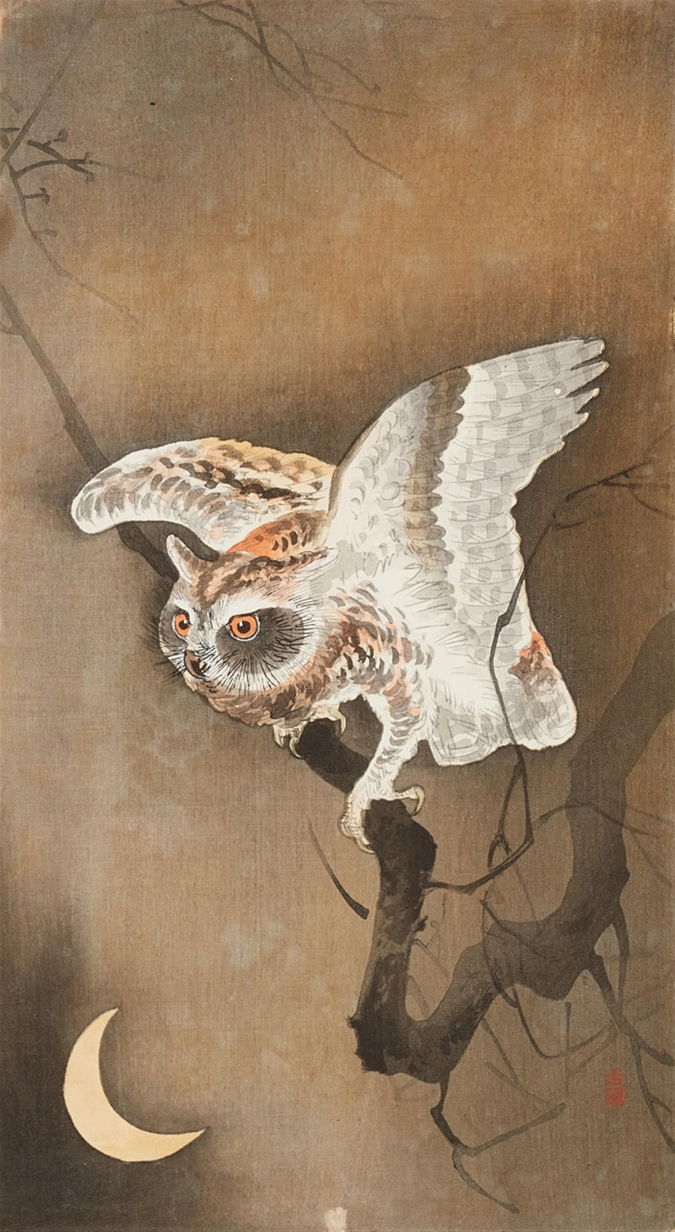 Ohara Shoson - Two ôtanzaku. Published by Daikokuya circa 1910-1920. a) Owl and moon sickle. Seal: Koson. Somewhat later edn. b) Monkey in persimmon tree. Signed: Koson. Seal: Koson. (2)

Go... - image-1