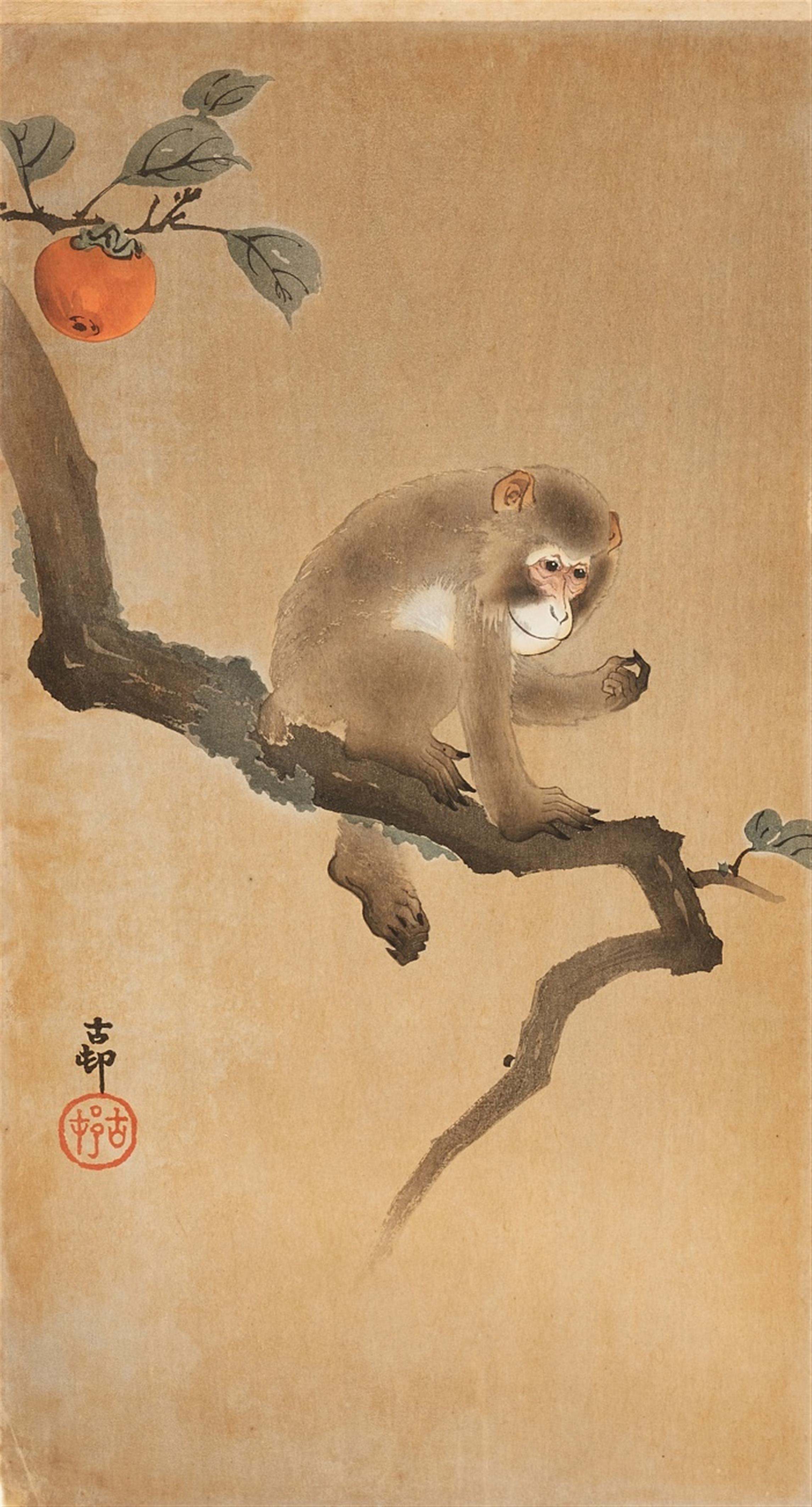 Ohara Shoson - Two ôtanzaku. Published by Daikokuya circa 1910-1920. a) Owl and moon sickle. Seal: Koson. Somewhat later edn. b) Monkey in persimmon tree. Signed: Koson. Seal: Koson. (2)

Go... - image-2