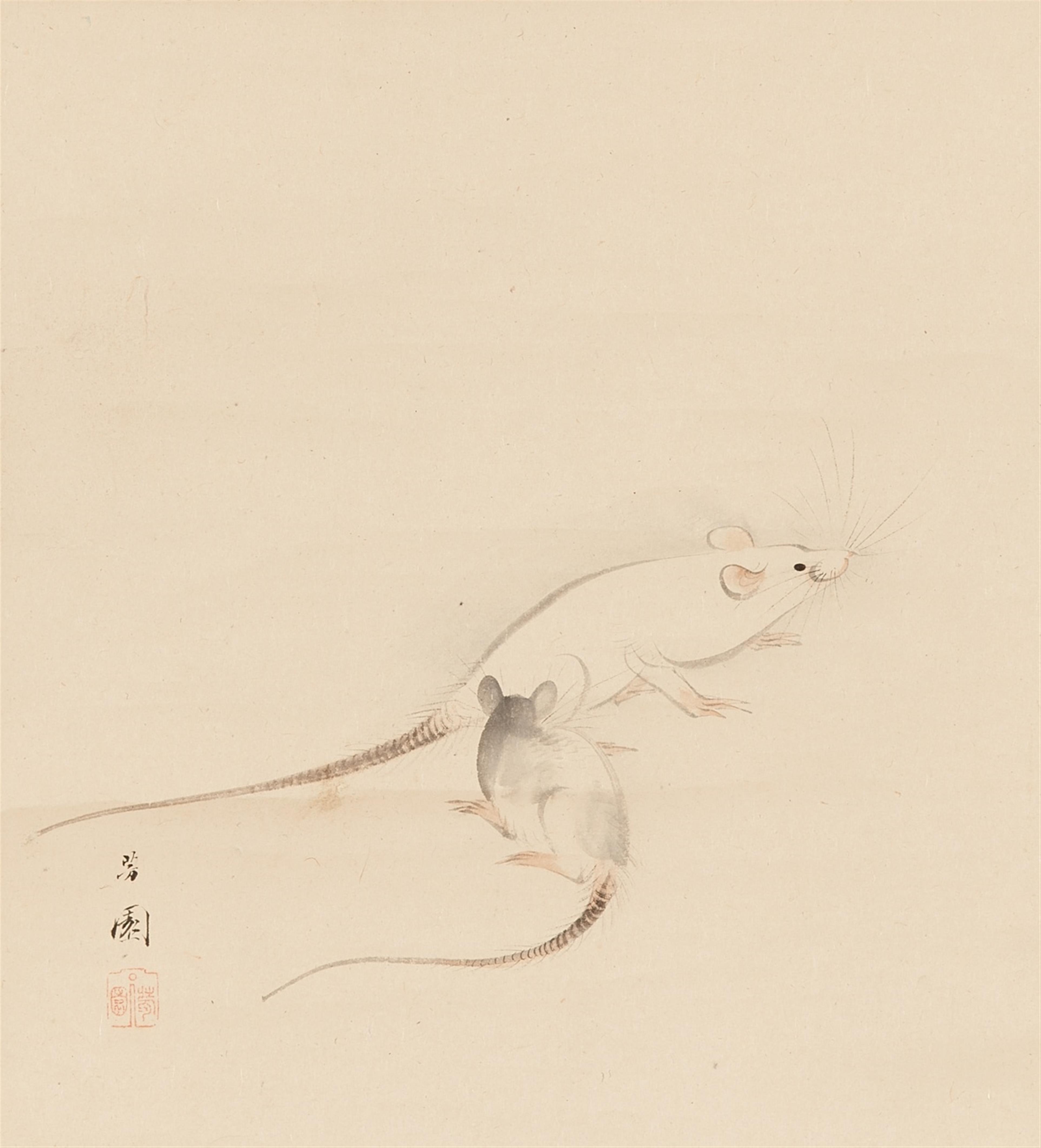 Nishiyama Hôen - A hanging scroll, depicting two rats. Ink and light brown on paper. Signed and sealed Hoen. Wooden box. - image-1