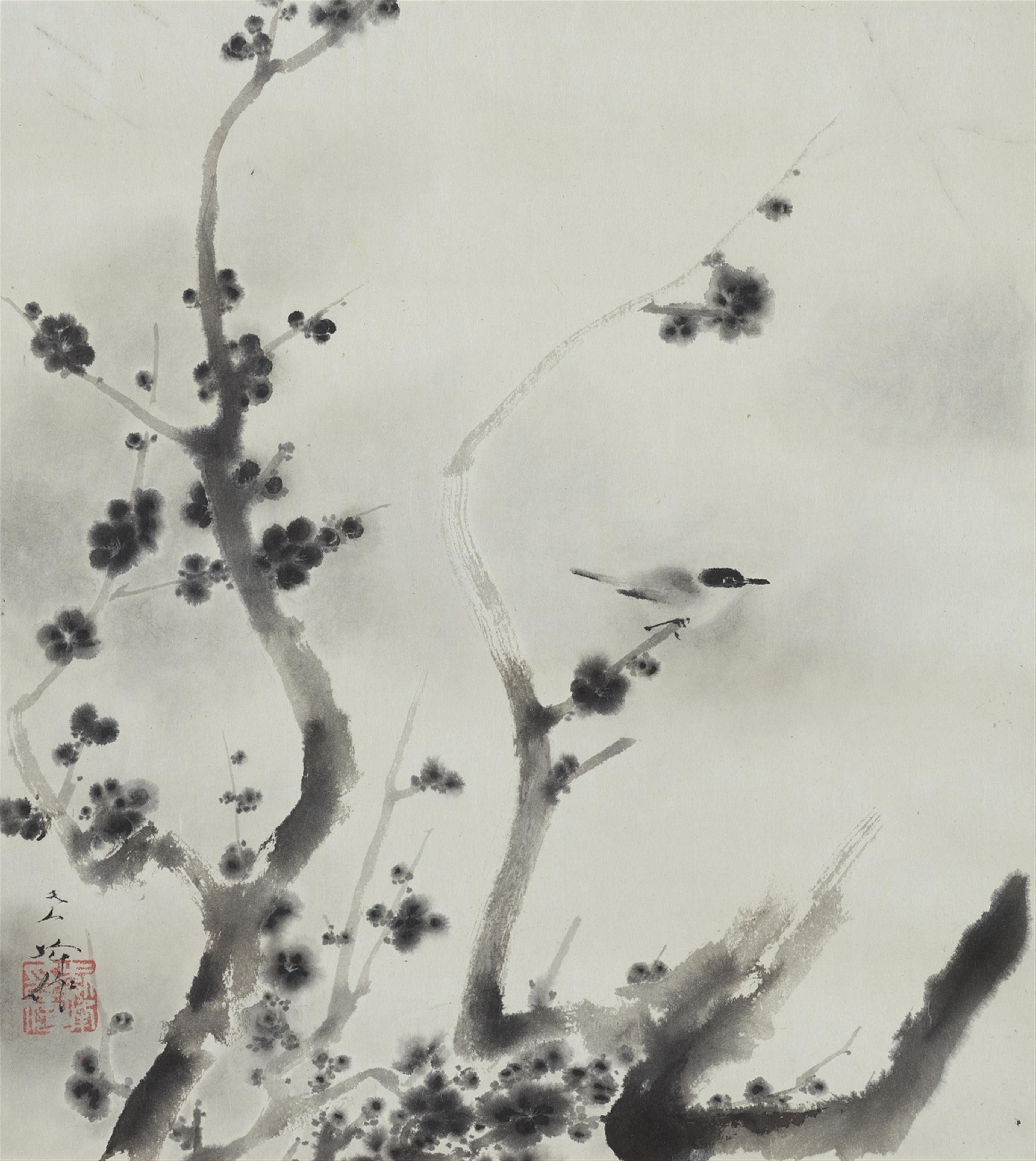 Sakakibara Shiho - A hanging scroll, depicting a bird perched on a plum blossom branch. Ink on paper. Signed: Shiho saku and sealed Shiho no in. Tomobako, the lid with inscription reading, bokubai... - image-1