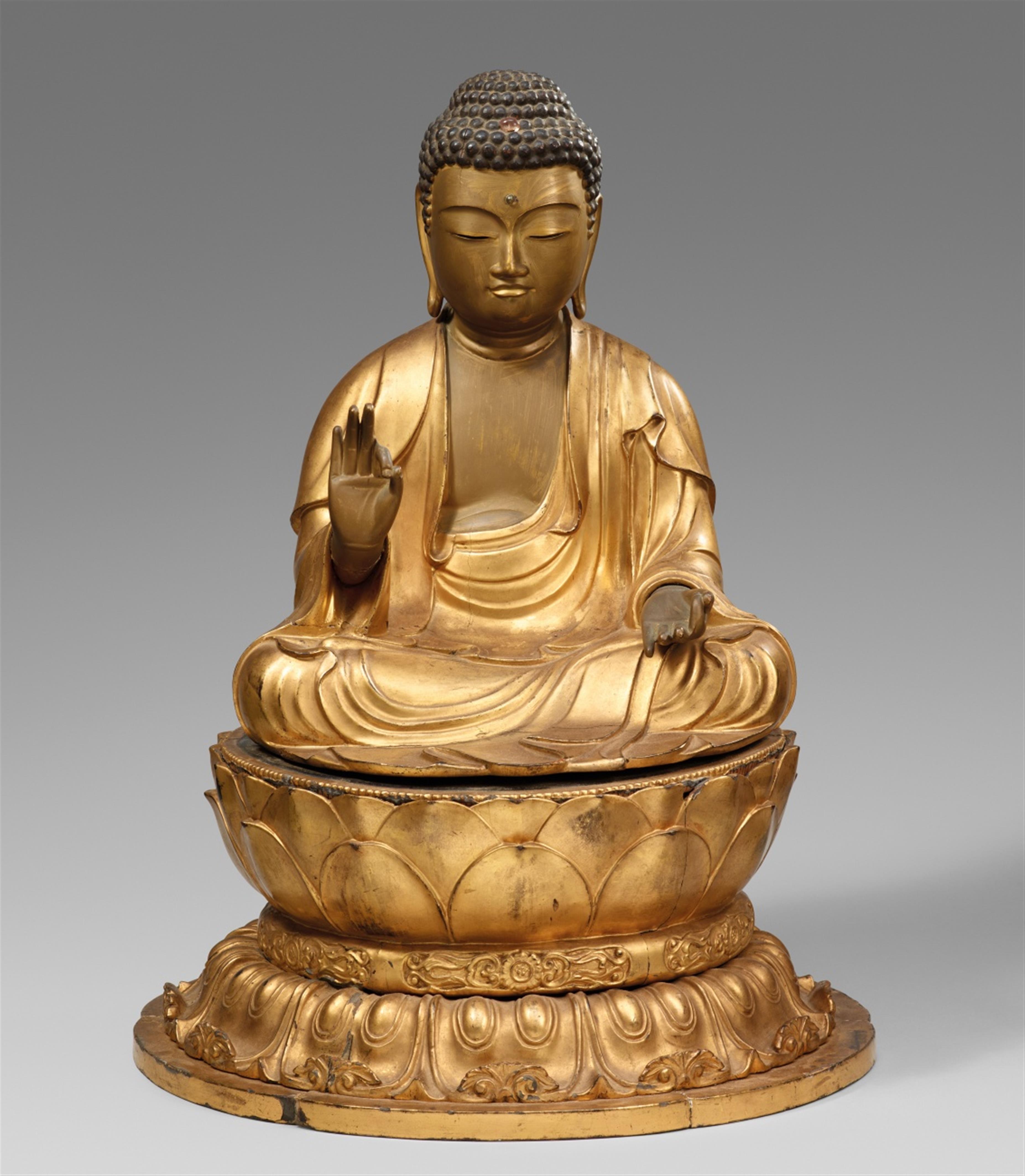 Buddha Amida Nyorai. Holz, über Schwarzlack vergoldet und Goldfarbe. 19. Jh. - image-1