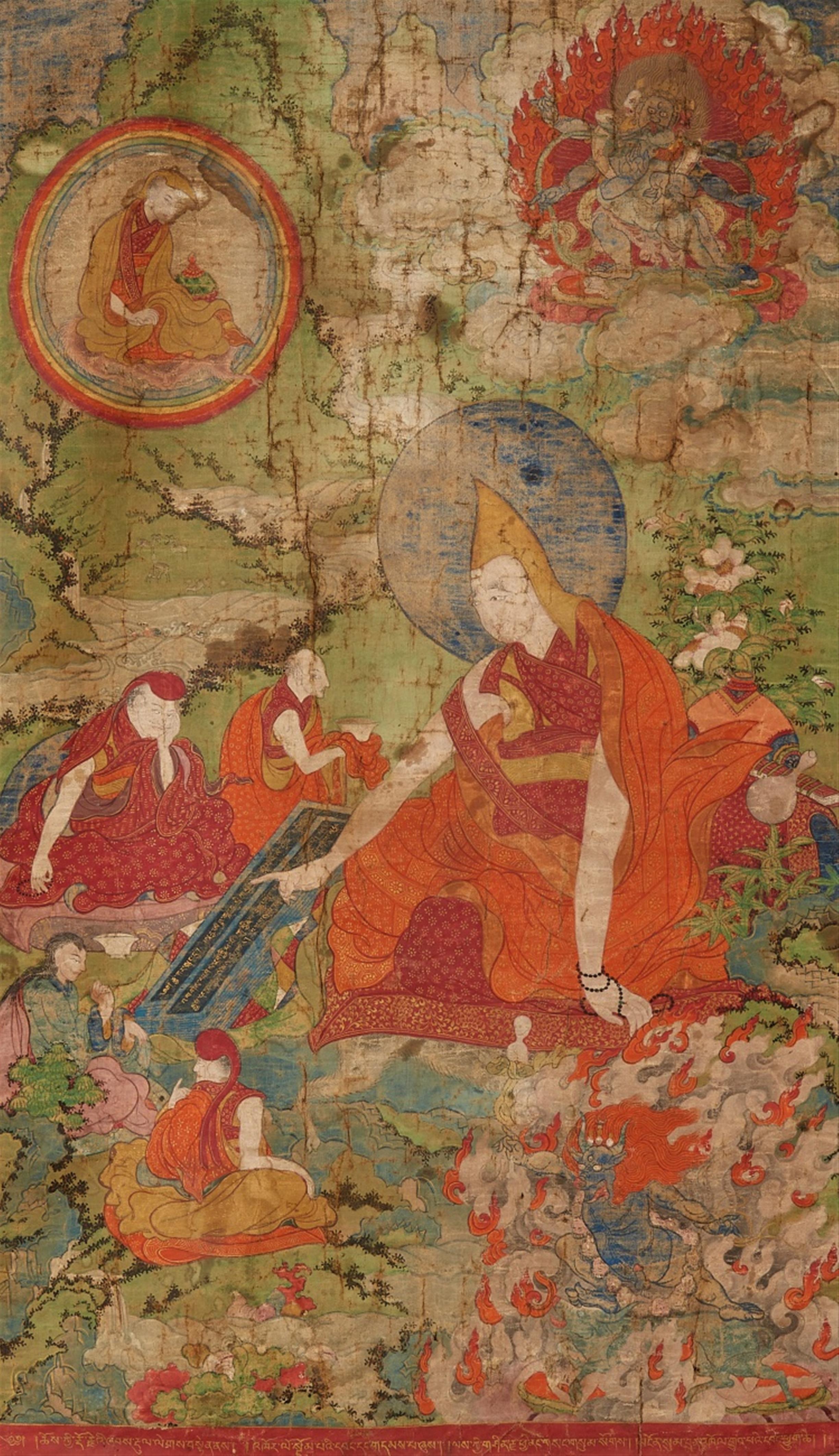 An exceptionally rare set of six Tibetan thangkas celebrating the religious origin of the First Panchen Lama. 18th/19th century - image-2