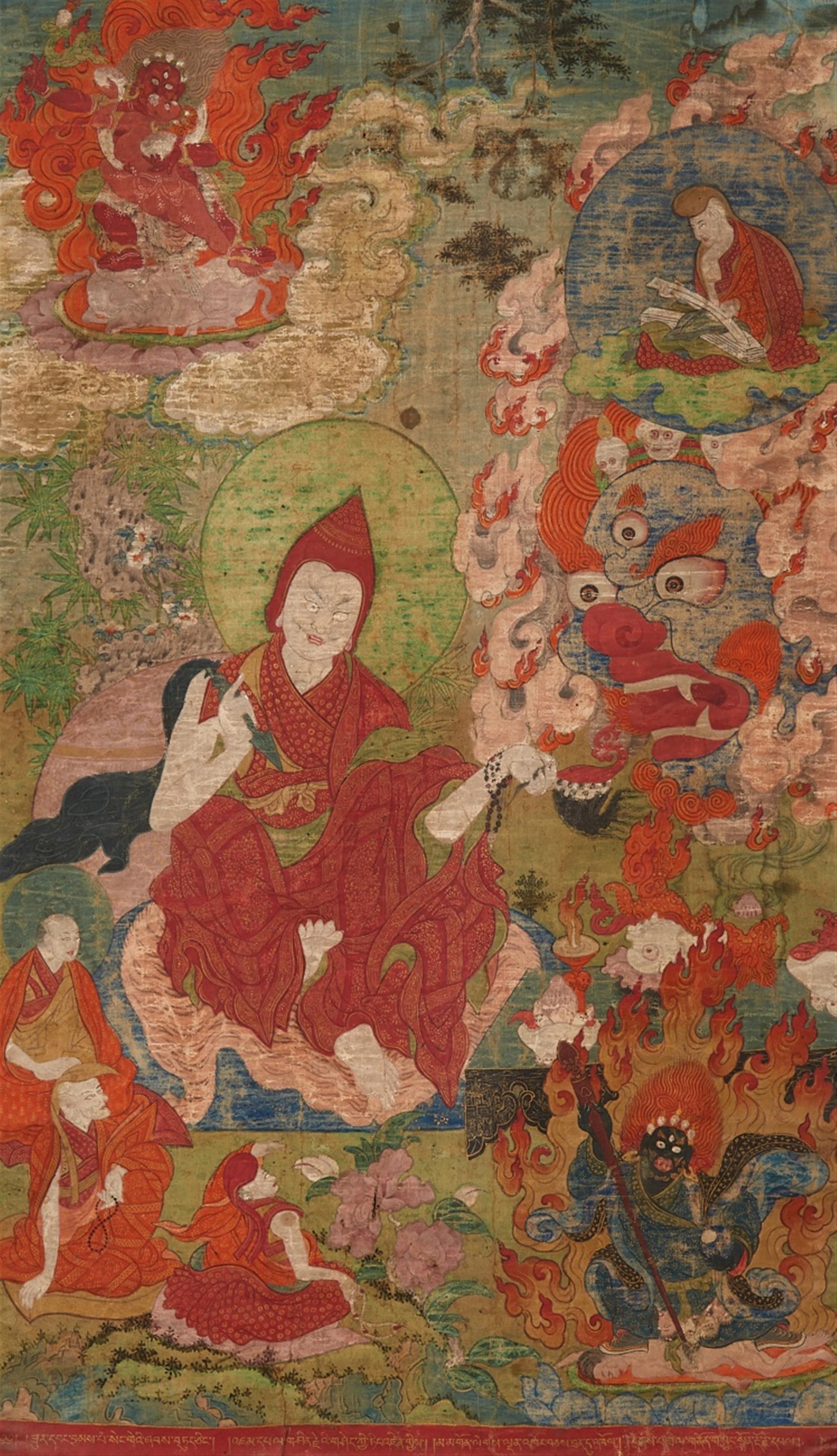 An exceptionally rare set of six Tibetan thangkas celebrating the religious origin of the First Panchen Lama. 18th/19th century - image-3