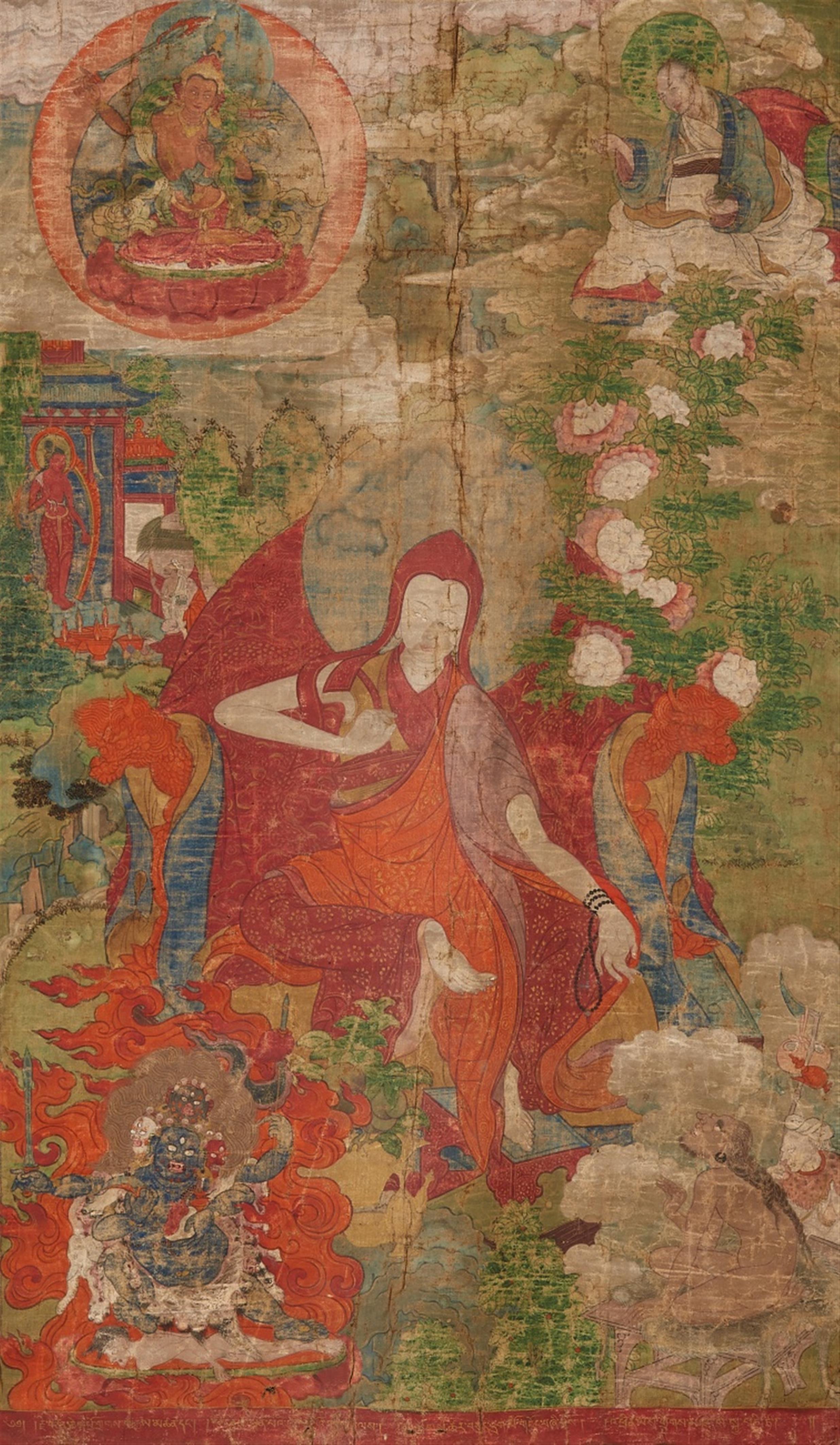 An exceptionally rare set of six Tibetan thangkas celebrating the religious origin of the First Panchen Lama. 18th/19th century - image-4