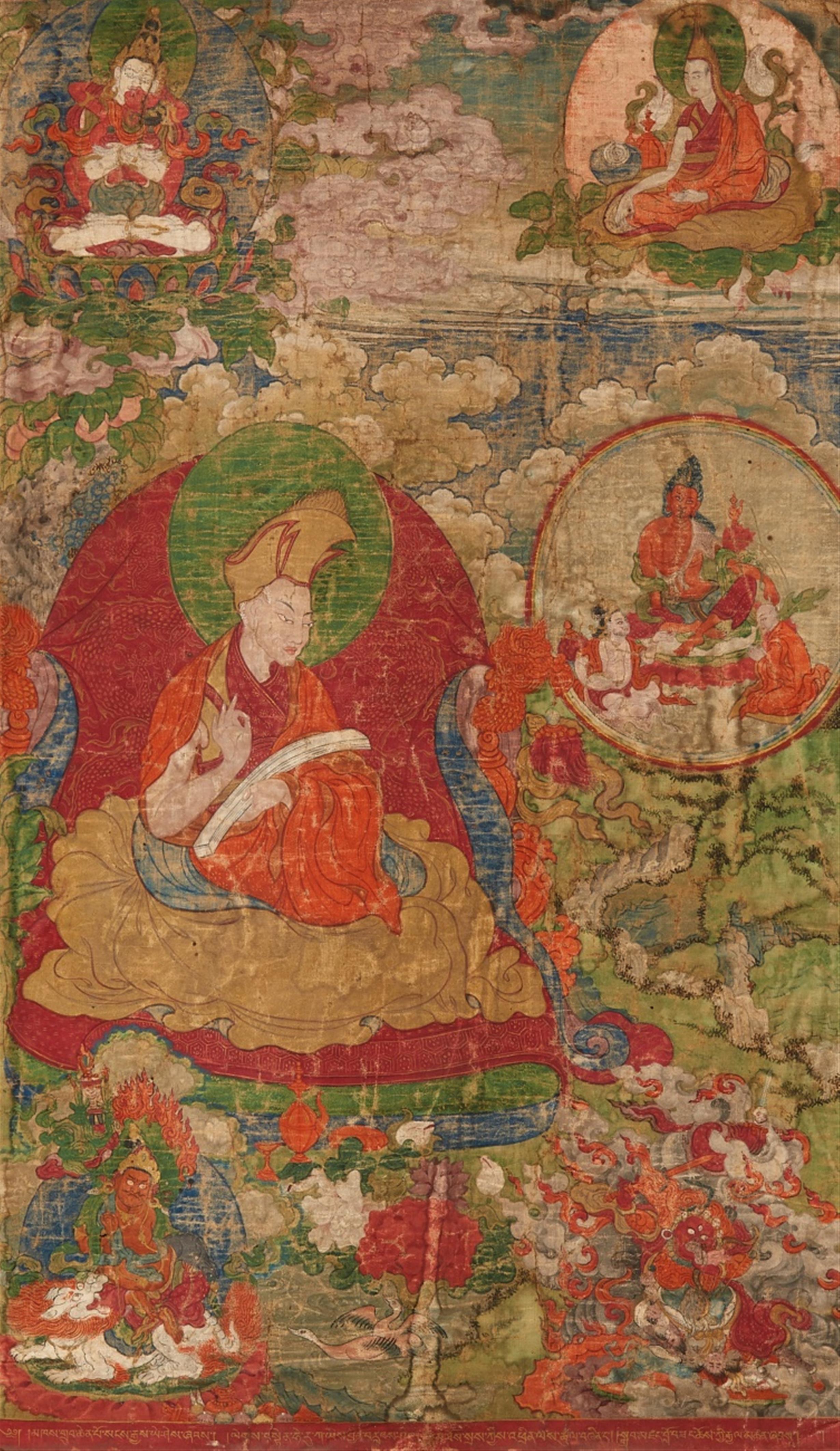 Seltenes Set von sechs Thangkas mit Darstellungen des Ersten Panchen Lamas und seiner früheren Inkarnationen. Tibet. 18./19. Jh. - image-1