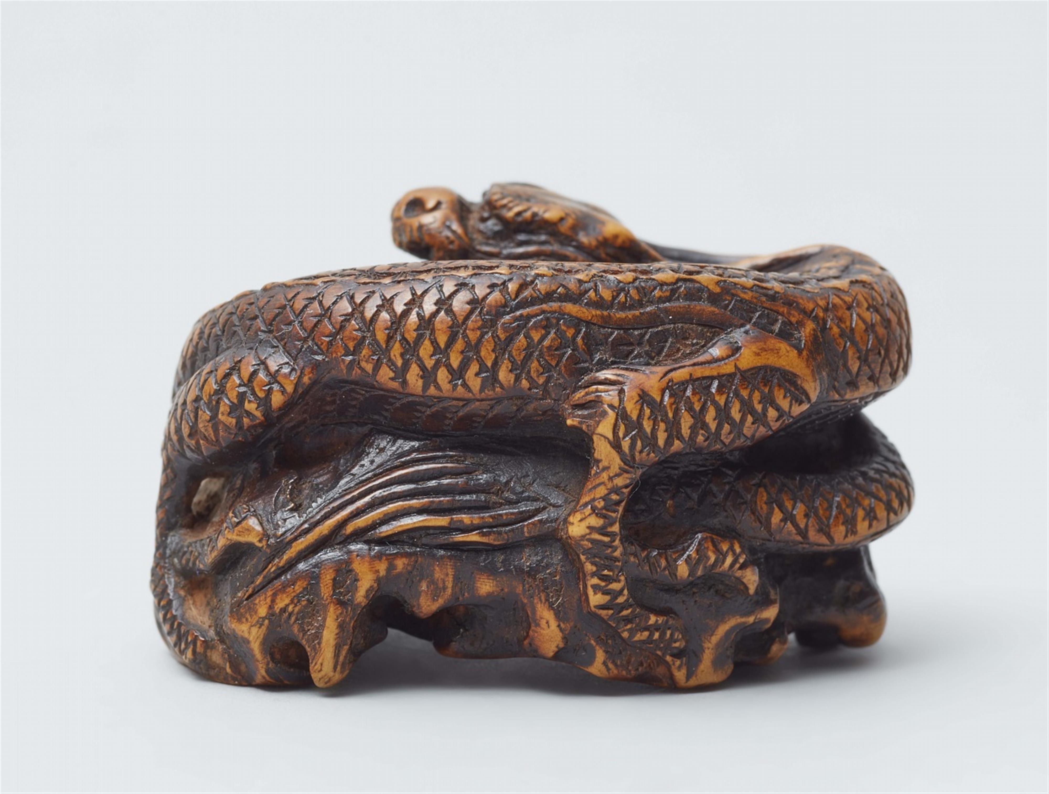 A boxwood netsuke of a dragon on a rock. First half 19th century - image-3