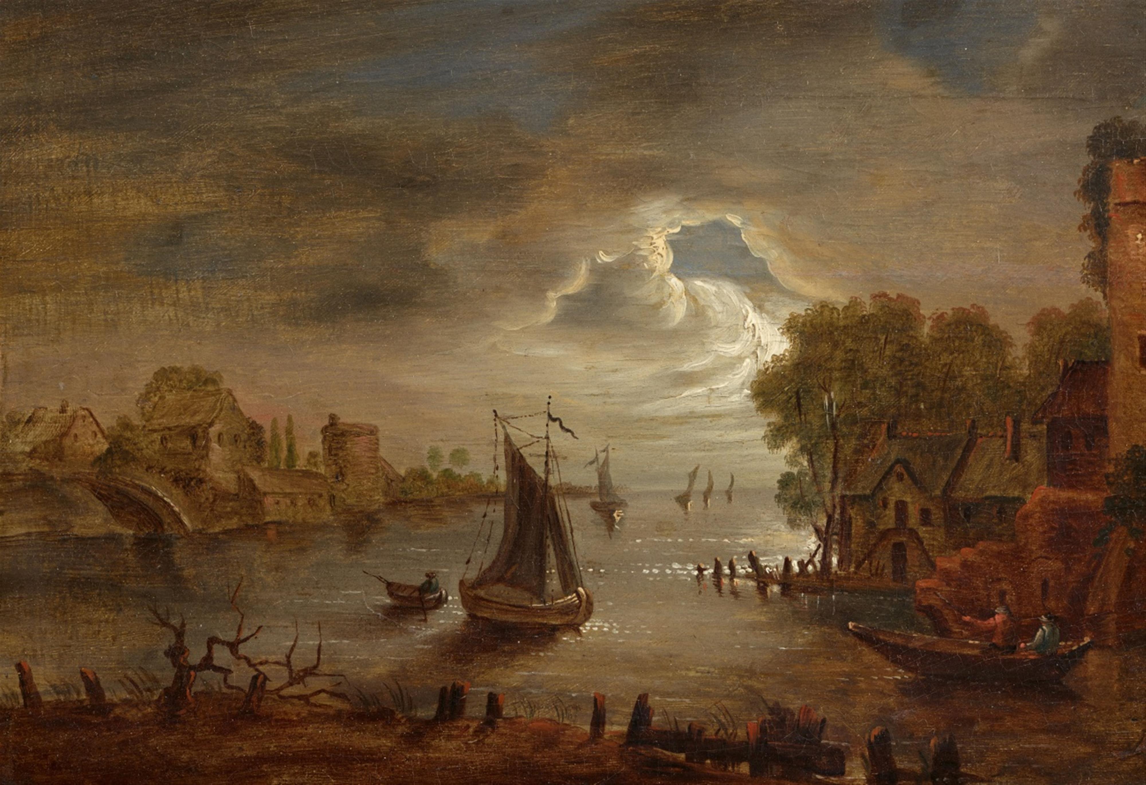 Netherlandish School, 17th century - Moonlit River Landscape - image-1