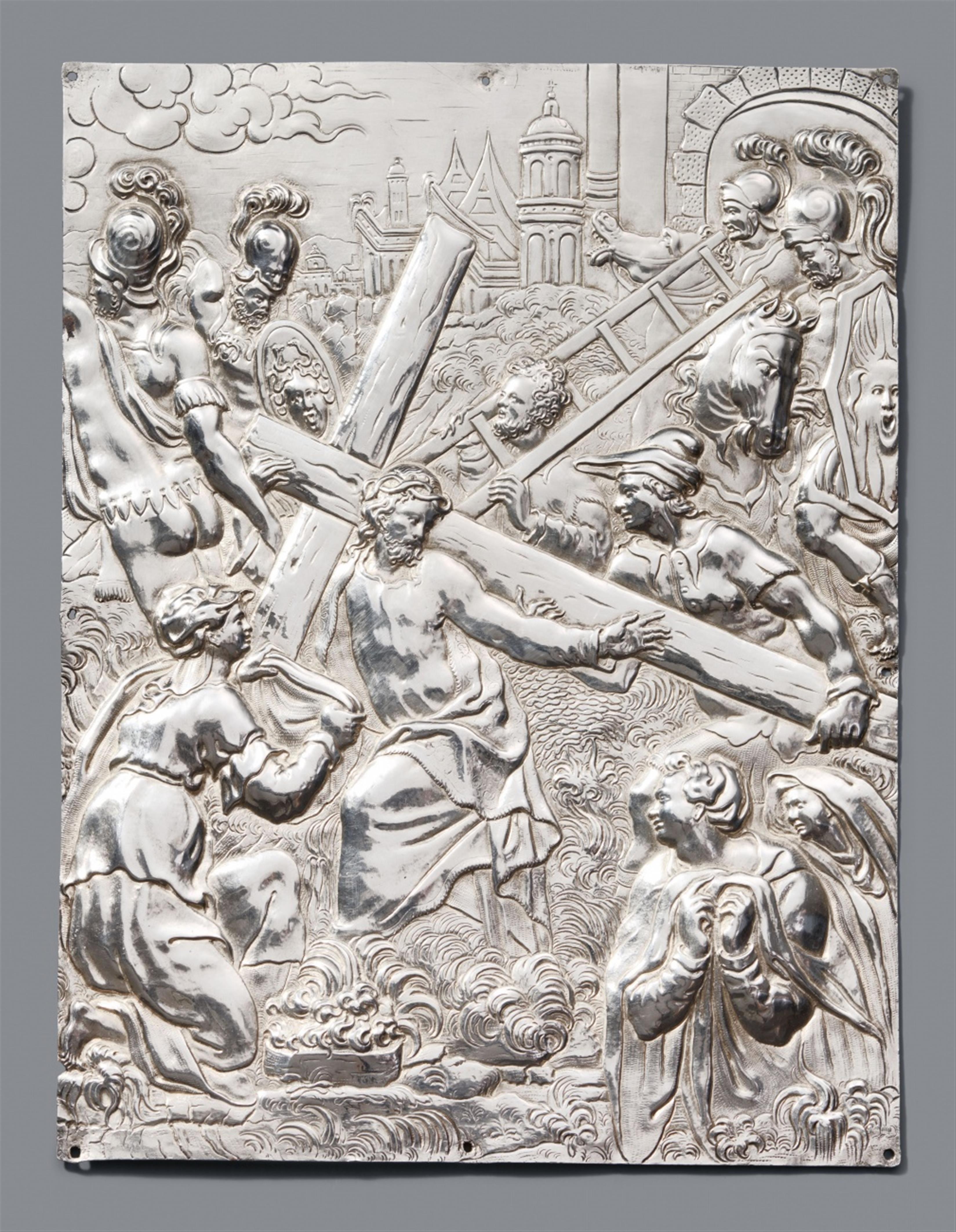 A silver plaque with Christ carrying the cross - image-1