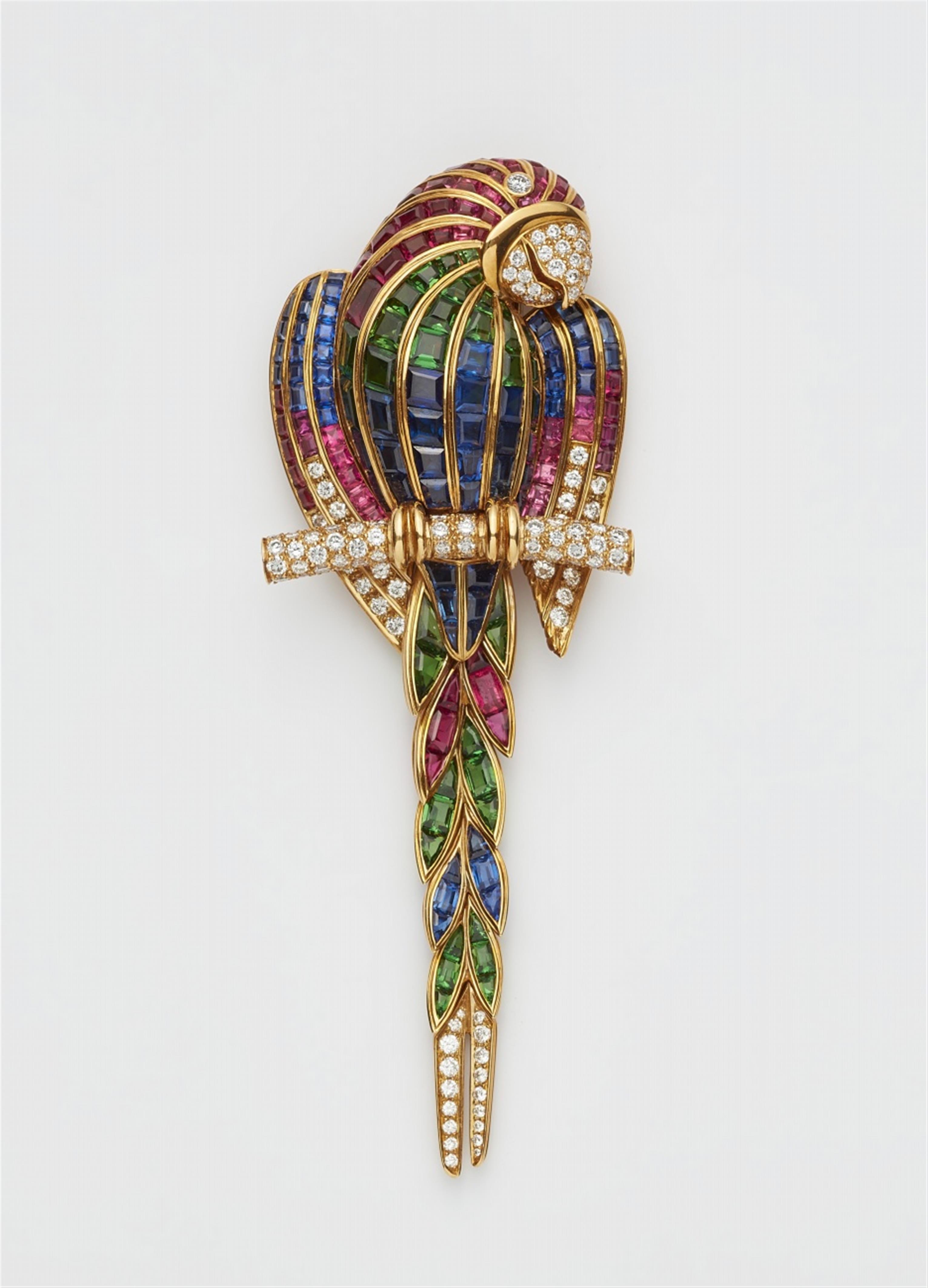 An 18k gold diamond and gemstone clip brooch "parrot" - image-1