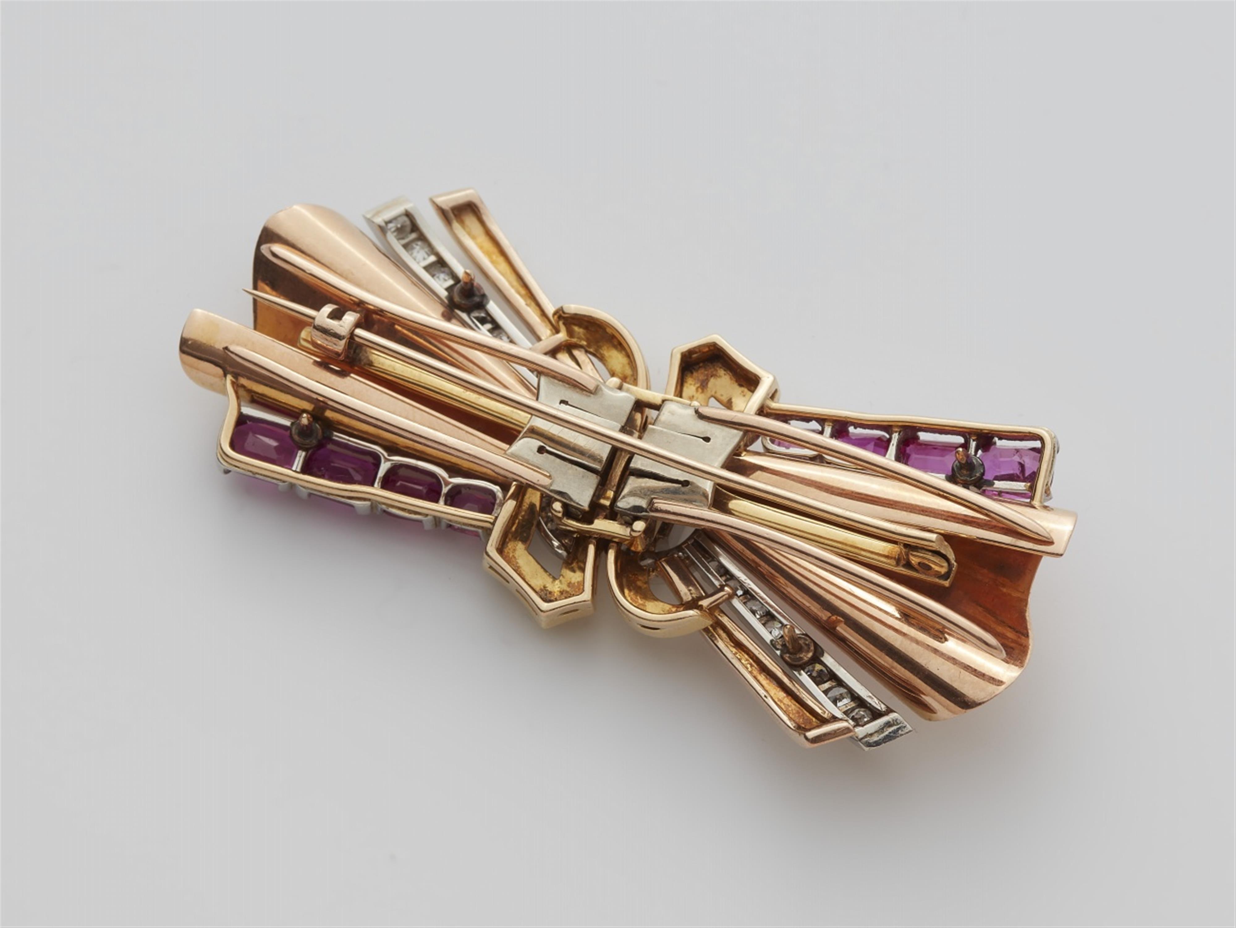 A 14k tri-colour gold ruby double clip brooch - image-3