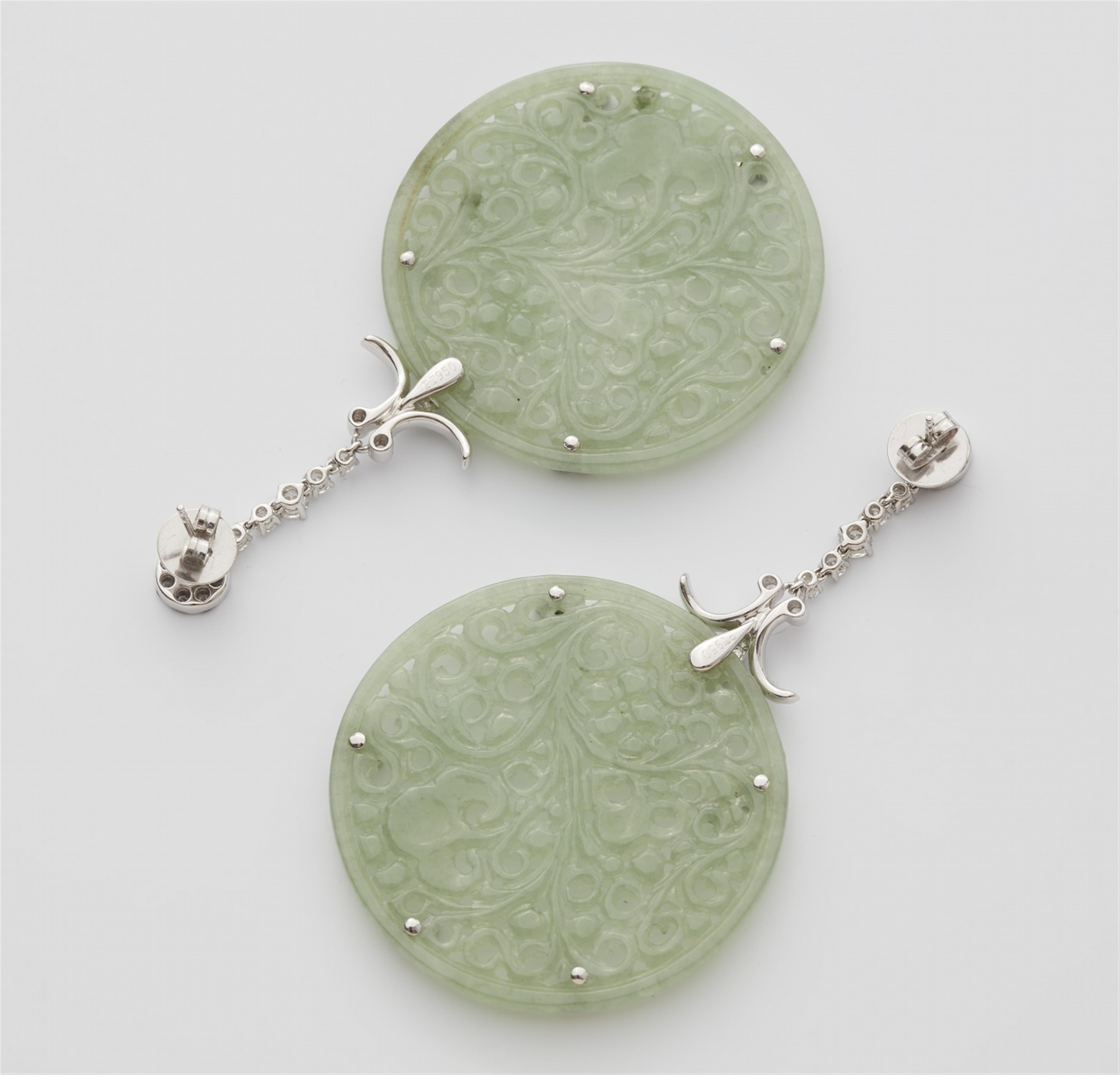 A pair of platinum jade and diamond earrings - image-2